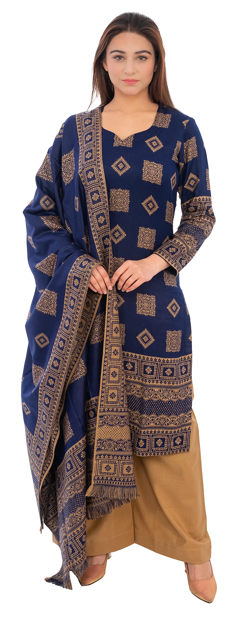 Indo EssenceWomen's Beautiful Winter Suit with Shawl (Unstitched Fabric - Blue)
