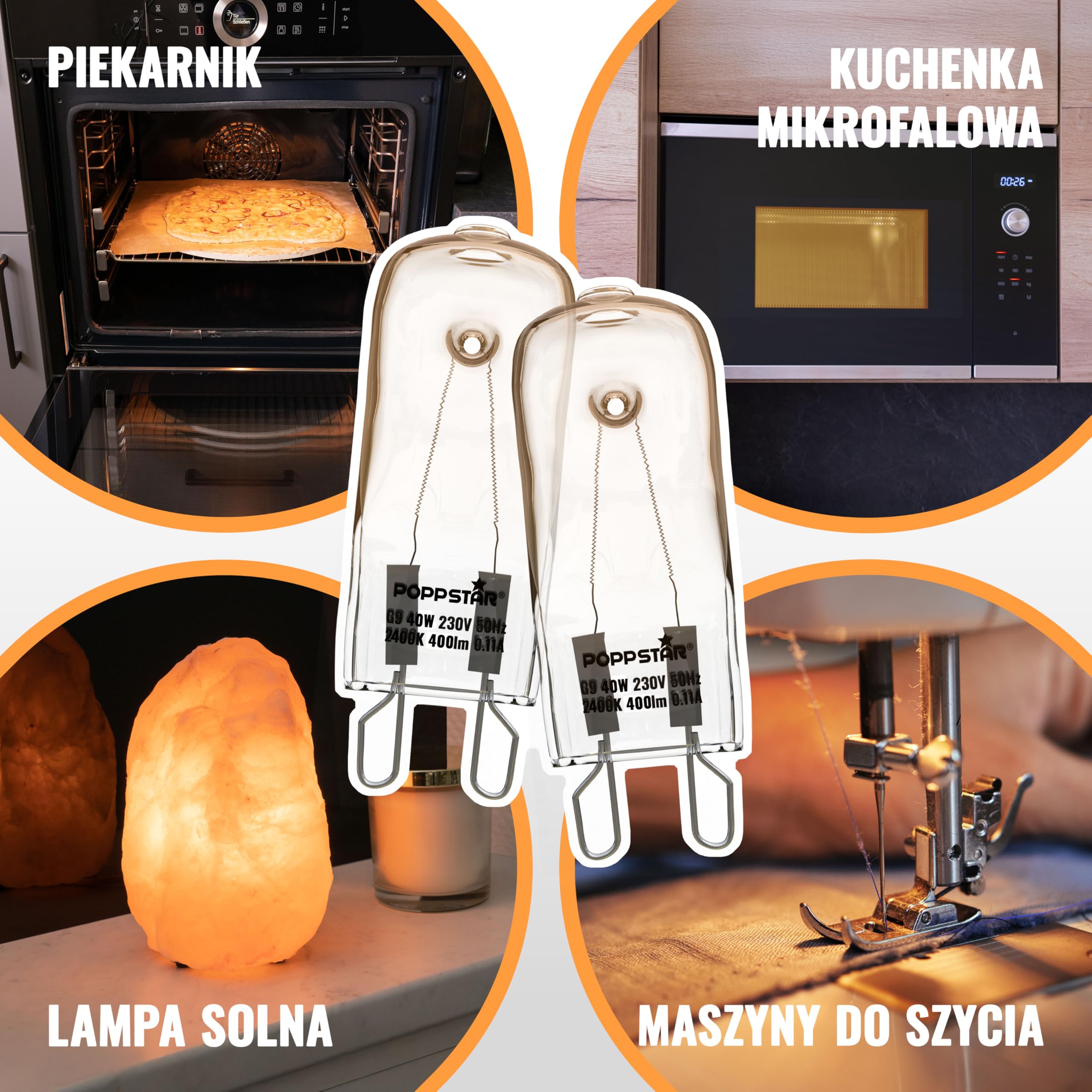 Poppstar 2 żarówki do piekarnika G9 40W, odporna na wysokie temp. do 300°C (barwa światła: biała, ciepła 2400K, 400lm)
