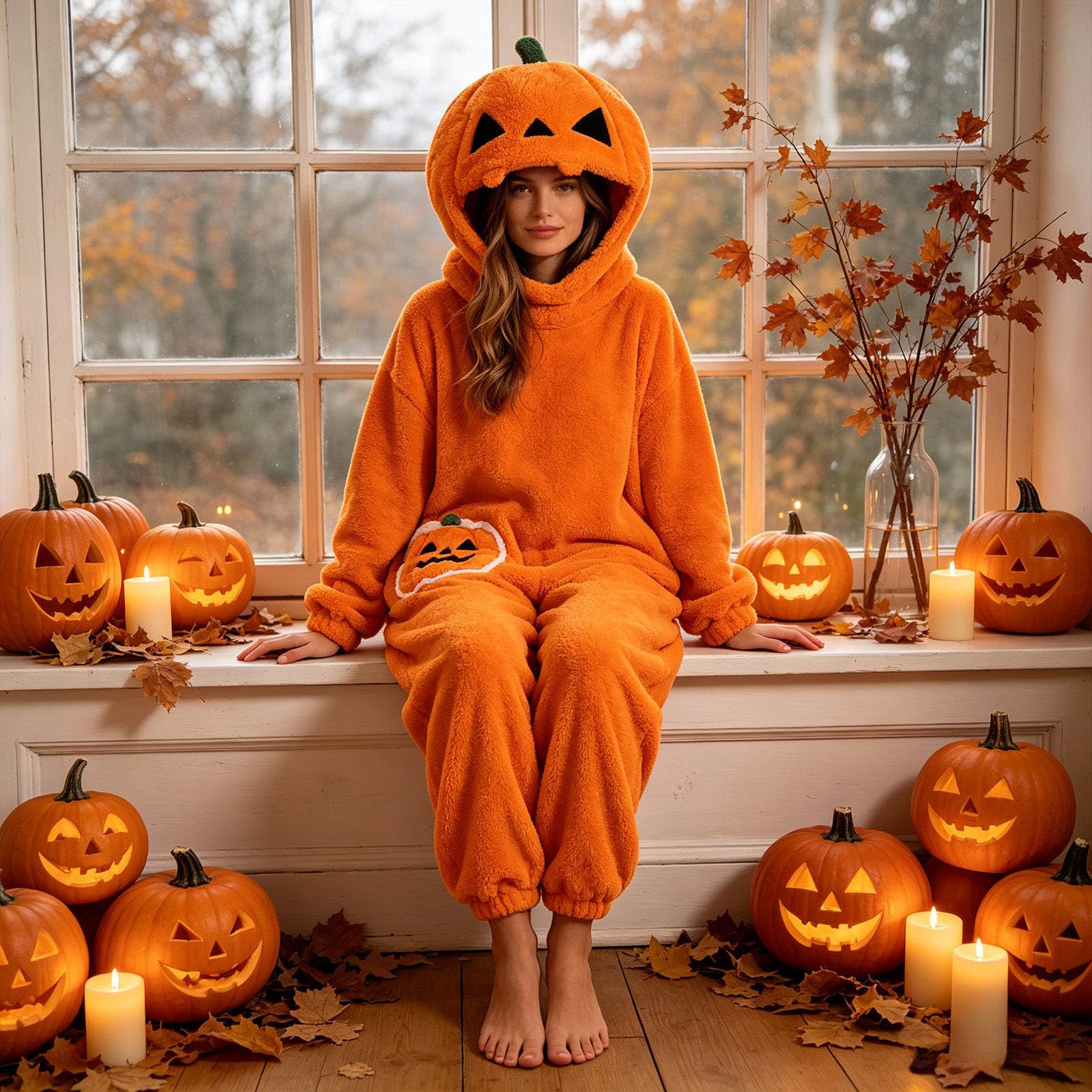 Genérico Mono Pijama de Calabaza Disfraz Halloween Costume Unisex Soft Comfortable Wearable Pijama de Felpa con Capucha para Hombre y Mujer, Ideal para Fiestas Disfrazadas y Noches de Pijamas