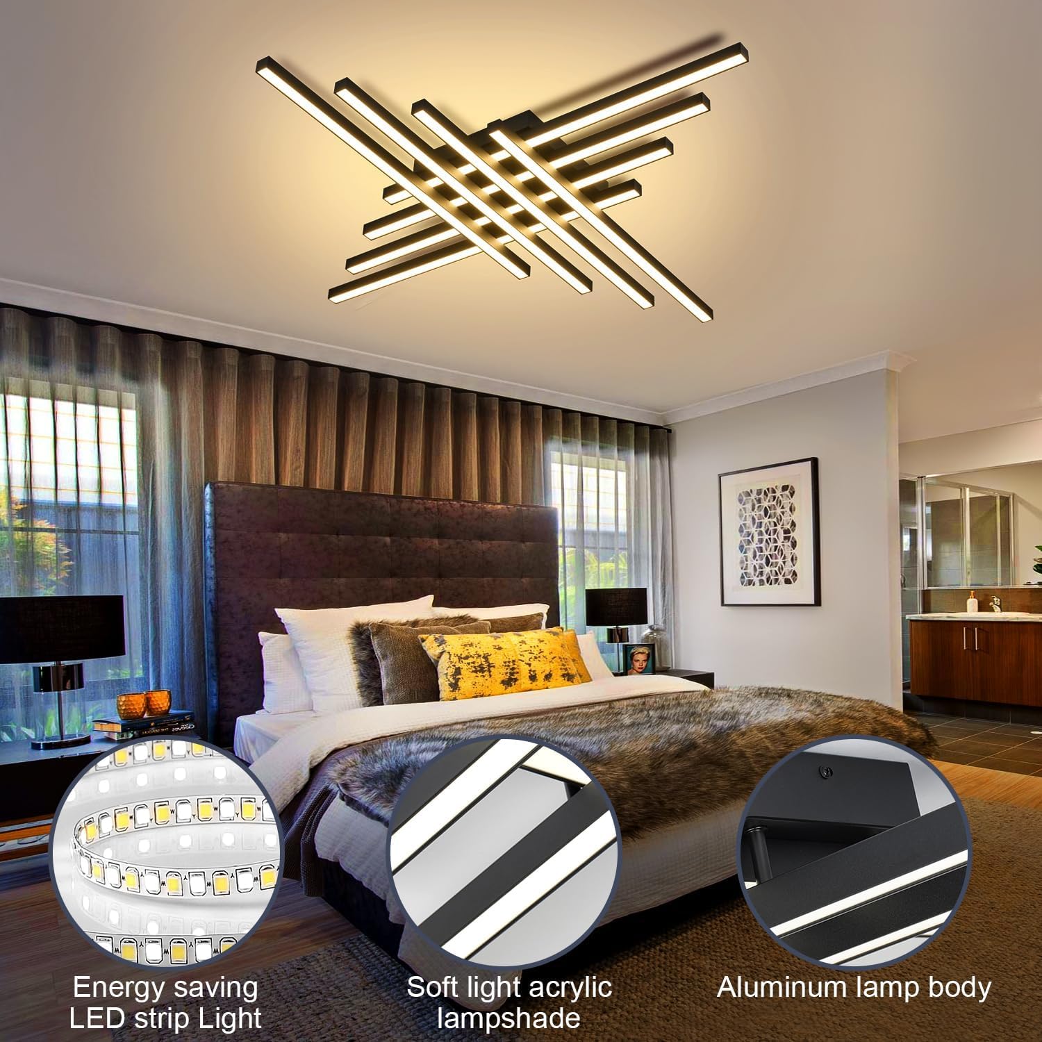 47" Black Modern LED Ceiling Light with Remote 3000K/4500K/6000K Close to Ceiling Lights Creative Design Ceiling Lamp for Bedroom Living Room Kitchen Hallway Dining Room(128W, 8 Lights)