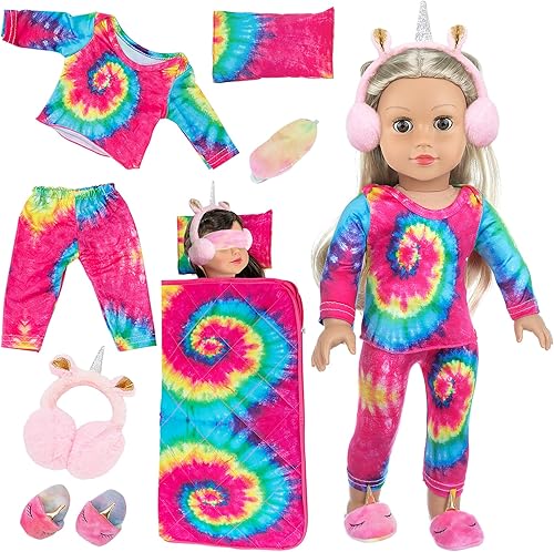 K.T. Fancy Ropa y accesorios para muñecas de 18 pulgadas, juego de saco de dormir de ángel arcoíris de muñeca, pijamas, zapatos, máscara de ojos y