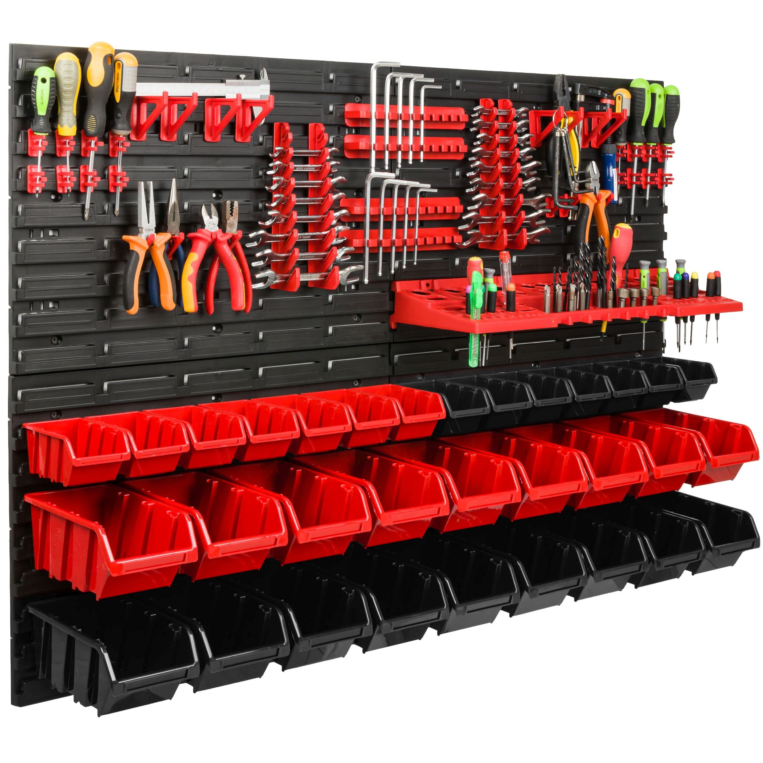 Scaffale da officina, 115 x 78 cm, 32 pezzi, con supporti per attrezzi e scatole impilabili, pannelli da parete, scaffali extra resistenti, per merci, garage, scaffali