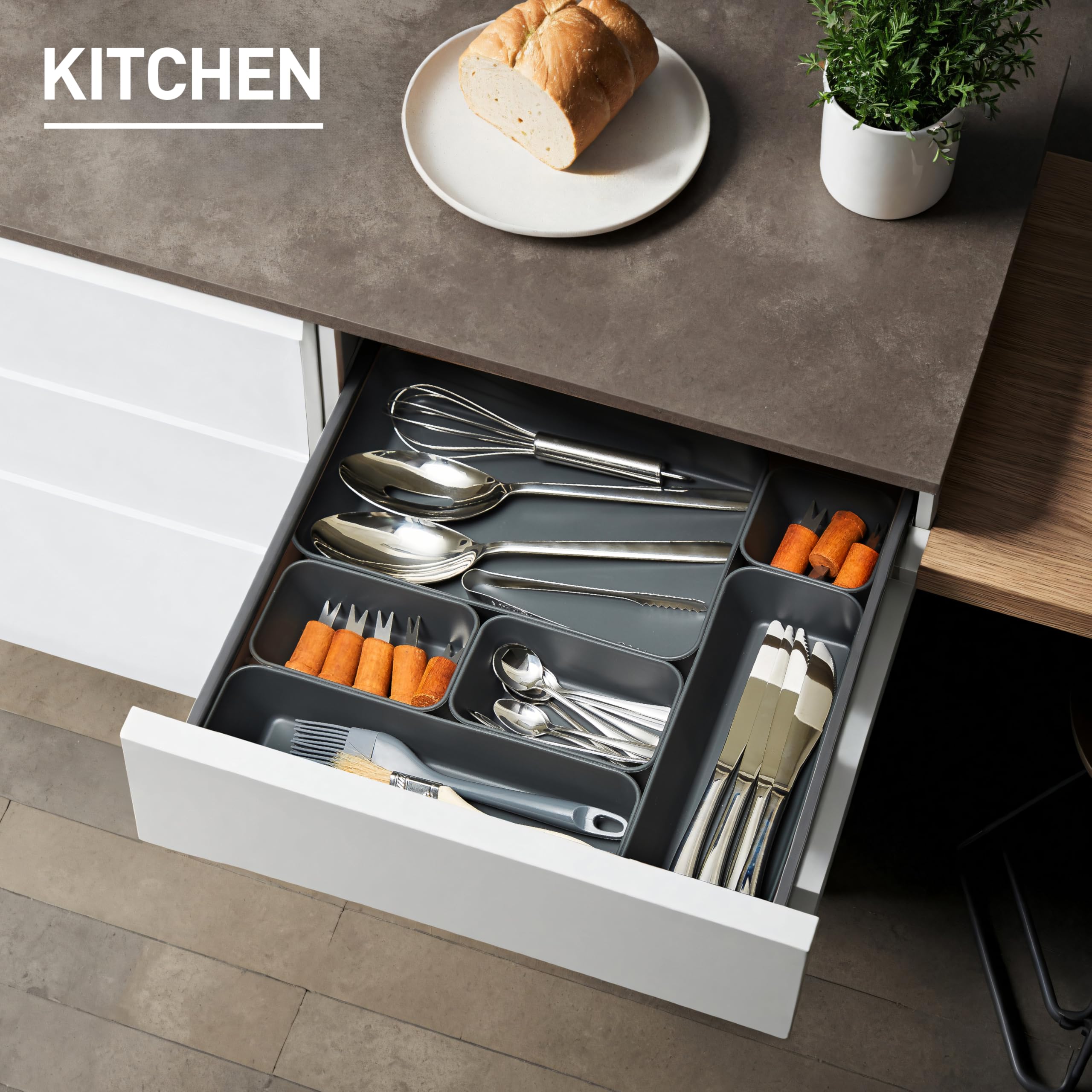 ISSEVE Set di 8 organizer per cassetti in silicone, versatili in 4 dimensioni, organizer per cassetti da bagno, divisori, organizer per cassetti da scrivania, per ufficio, cucina, camera da letto e