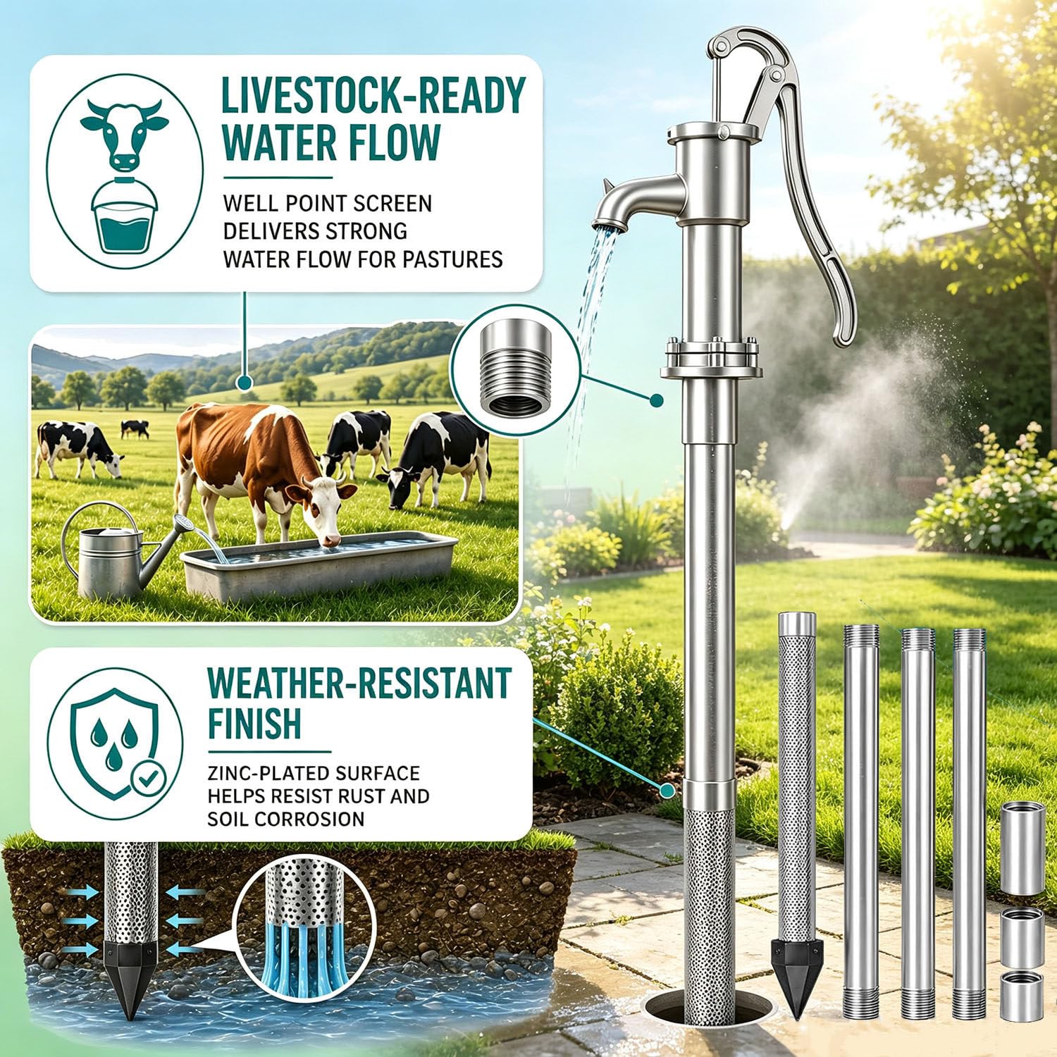 Zestaw do wiercenia studni, iglica 1-1/4" x 36" + 5 szt. rur do studni z igłą 39" | Zestaw do wiercenia studni z igłą piaskową, zestaw do płytkiego wiercenia studni w piasku i miękkim gruncie