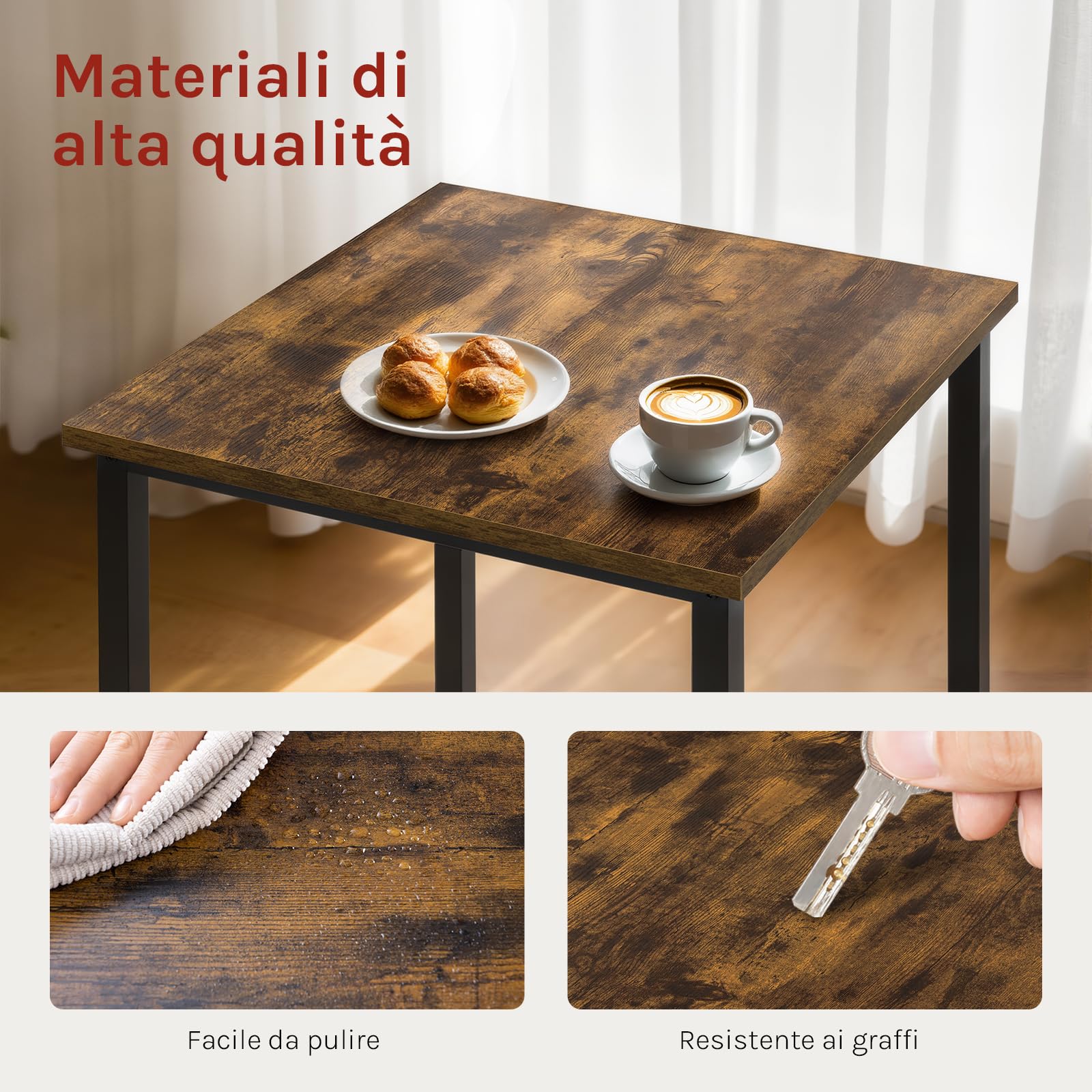 WOLTU Set Mobili da Bar Tavolo con 2 Sgabelli Alti Arredo per Cucina in Acciaio Legno, Tavolo Cucina 60 x 60 x 100 cm, Marrone rustico + Nero