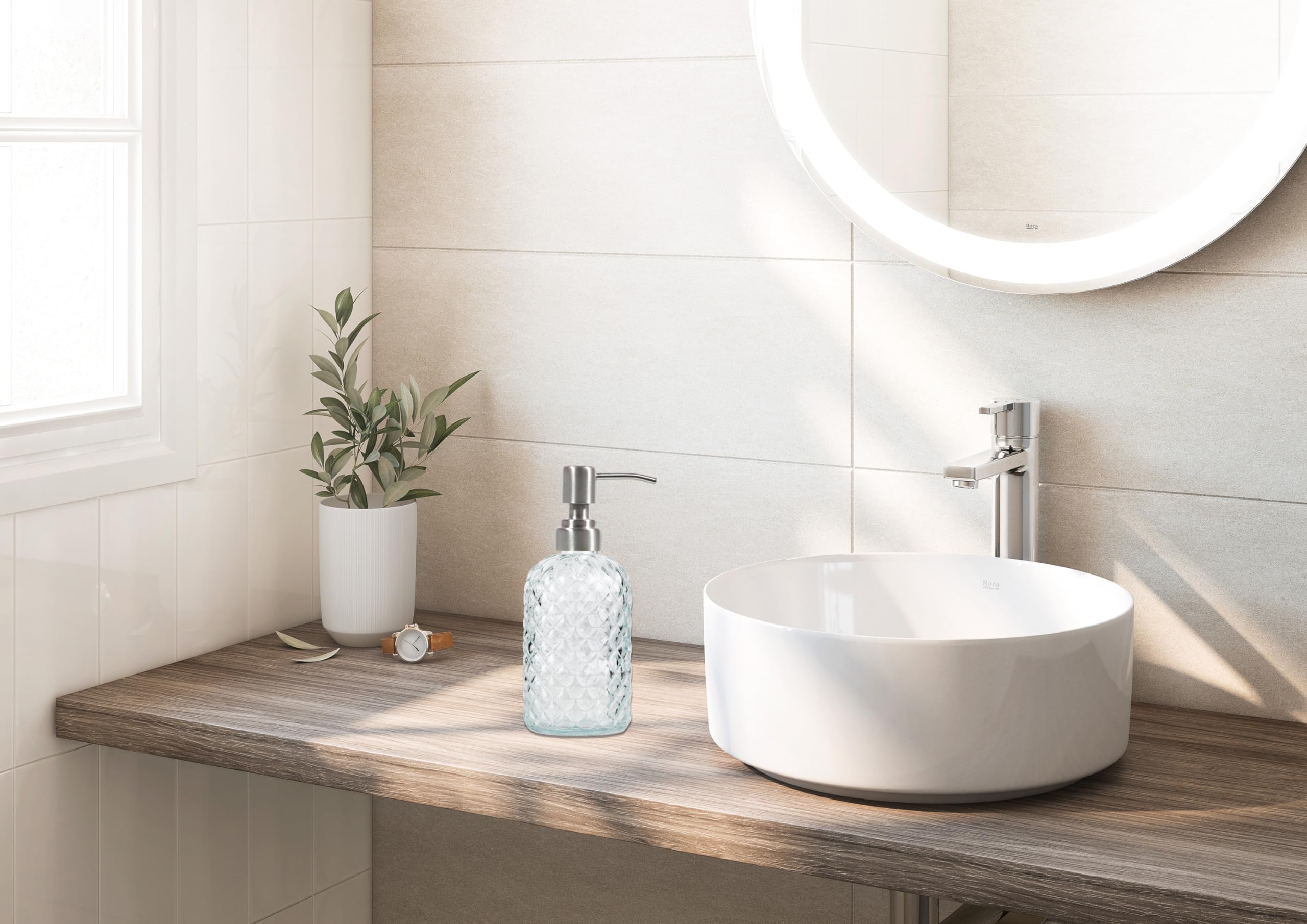 Distributeur De Savon Funly Mee En Verre - Pompe Inox 304, étiquette Bois, Gris