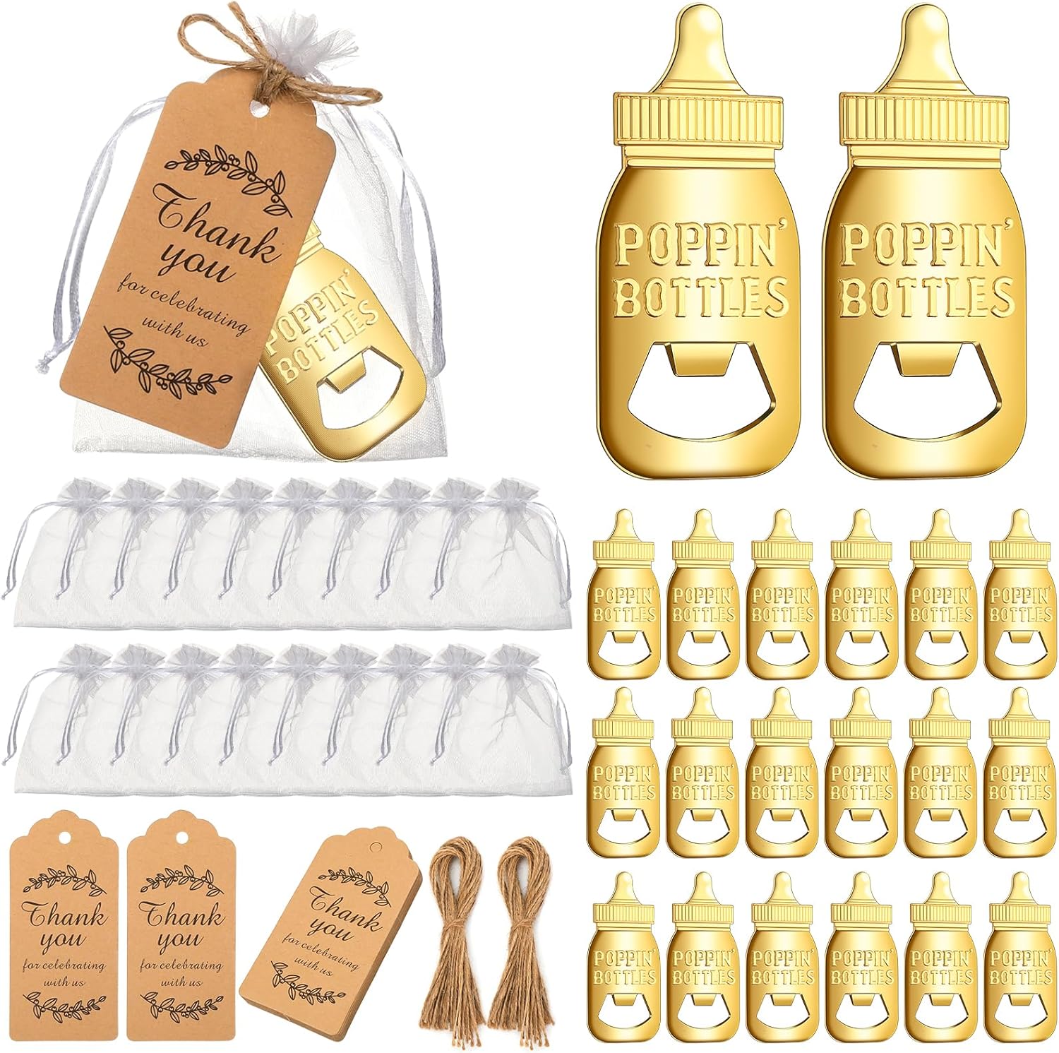 60 Pieces Baby Bottle Openers, Poppin Bottle Design for Baby Shower Favors with Thank You Gift Tag Card in Bulk