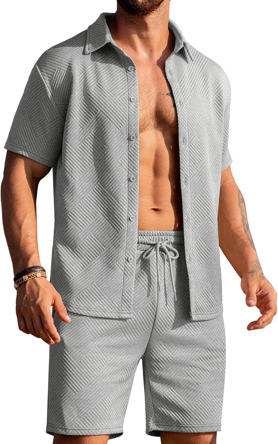 URRU Men's Shirt and Shorts Set Summer Outfits Short Sleeve Casual Button Down 2 Piece Shorts Set