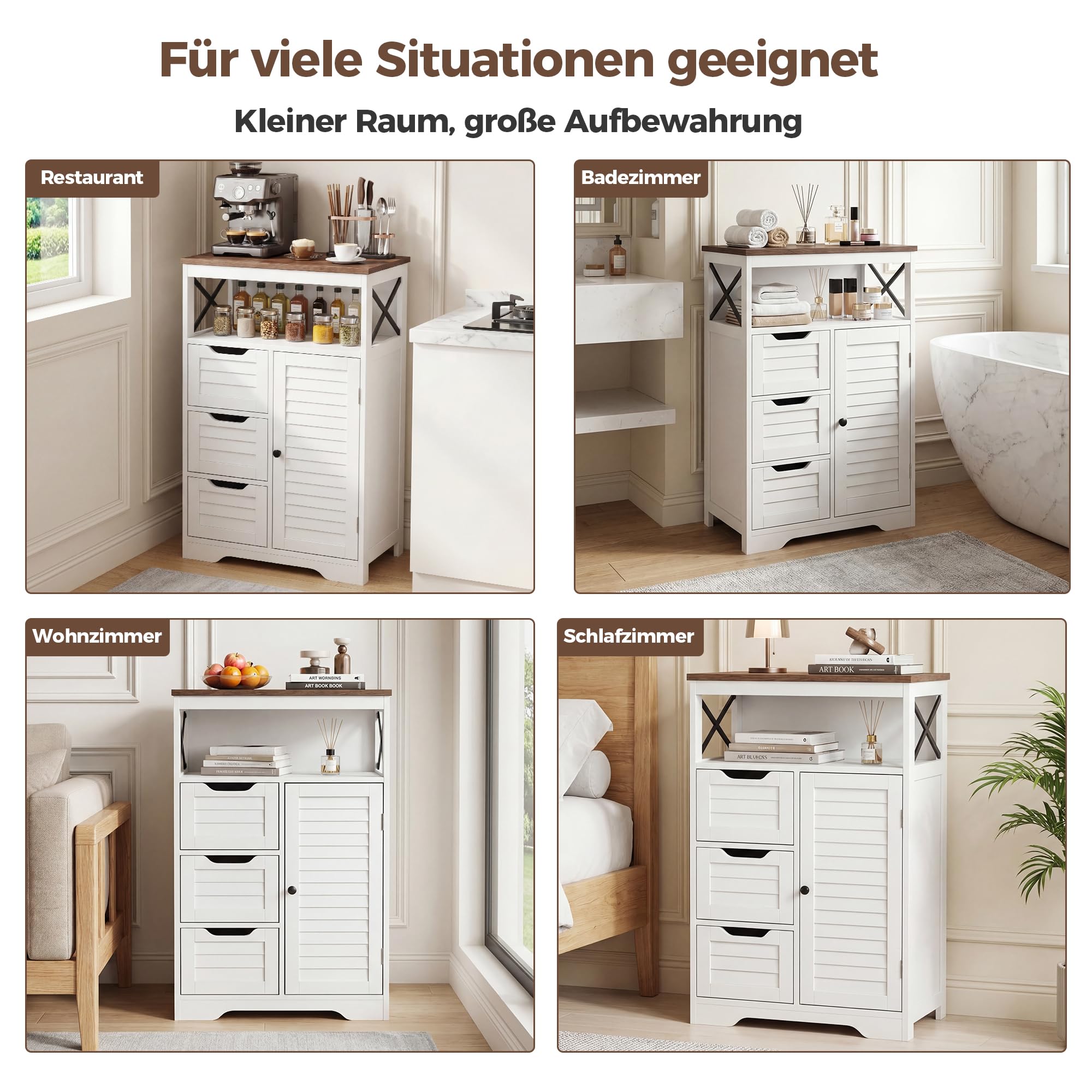 BonVache Küchenschrank mit 3 Schubladen, Jalousiestil, Aufbewahrungsschrank mit Offene Ablagefächer, Verstellbare Ablage, für Küche, Flur, Badezimmer, Wohnzimmer, 56 x 30 x 87cm, Weiß