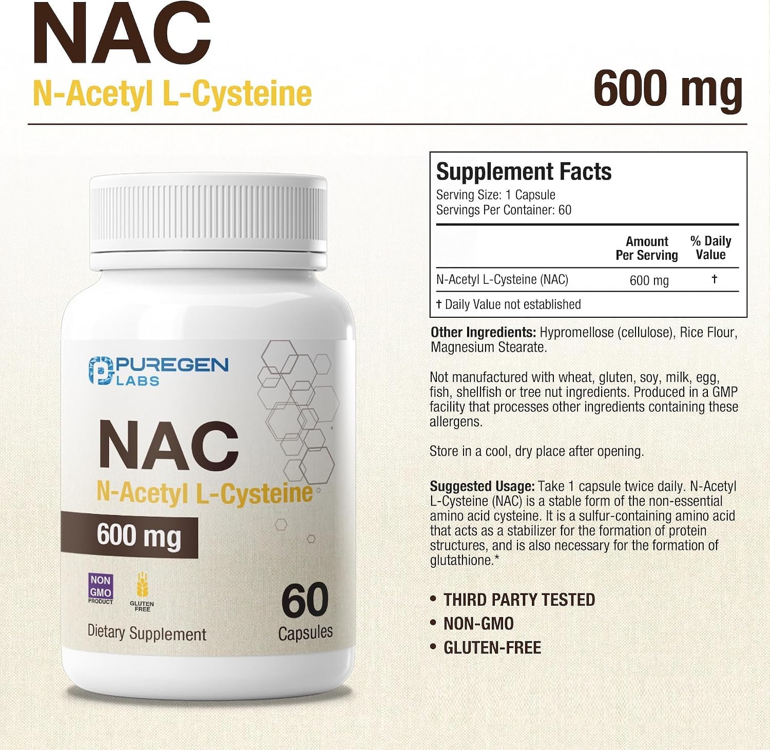 Puregen Labs Antioxidant Support, N-Acetyl-L-Cysteine (NAC) 600mg — Amazon image 2