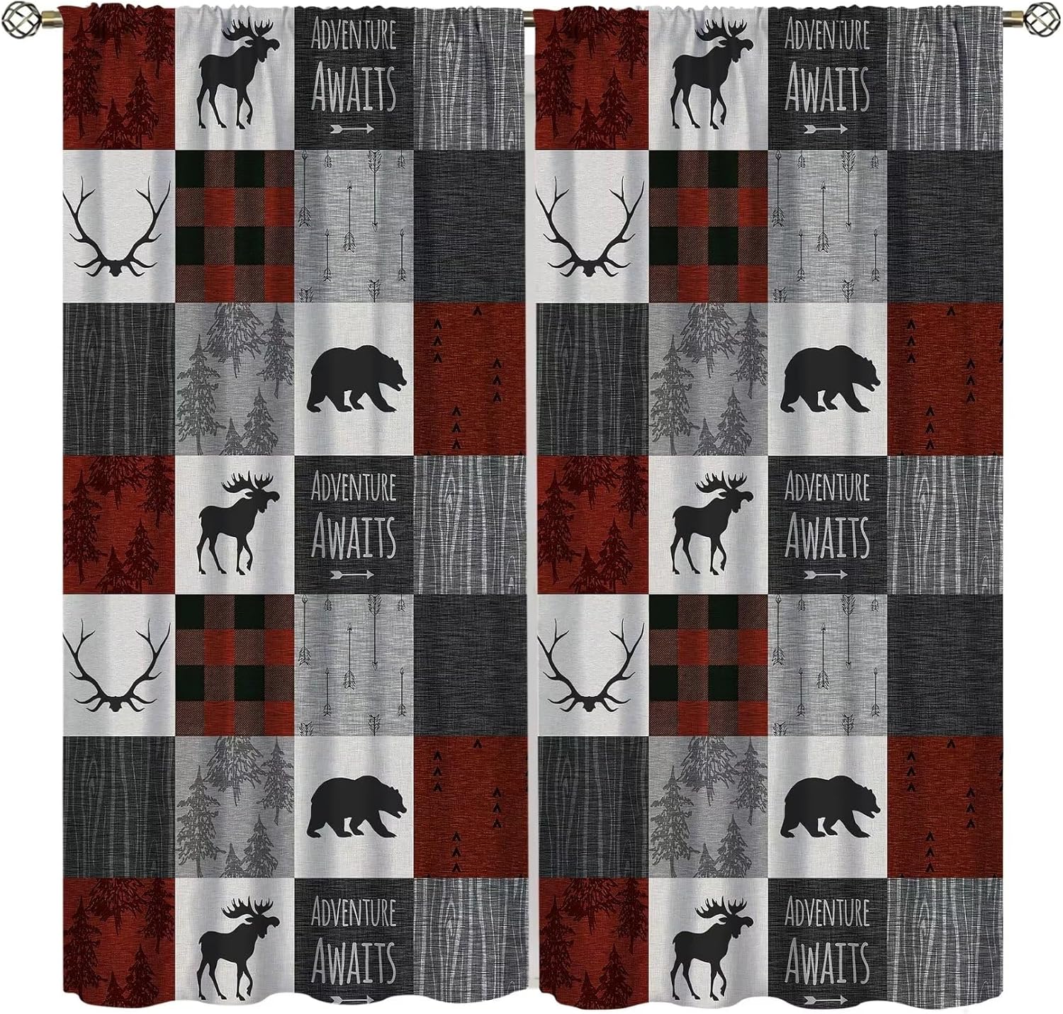 Rustic Farmhouse Curtains Vintage Deer Bear Wildlife Red Plaid Farm Living Room Curtains Kitchen Bedroom Blackout Curtains 42x45 Inches 2 Panels