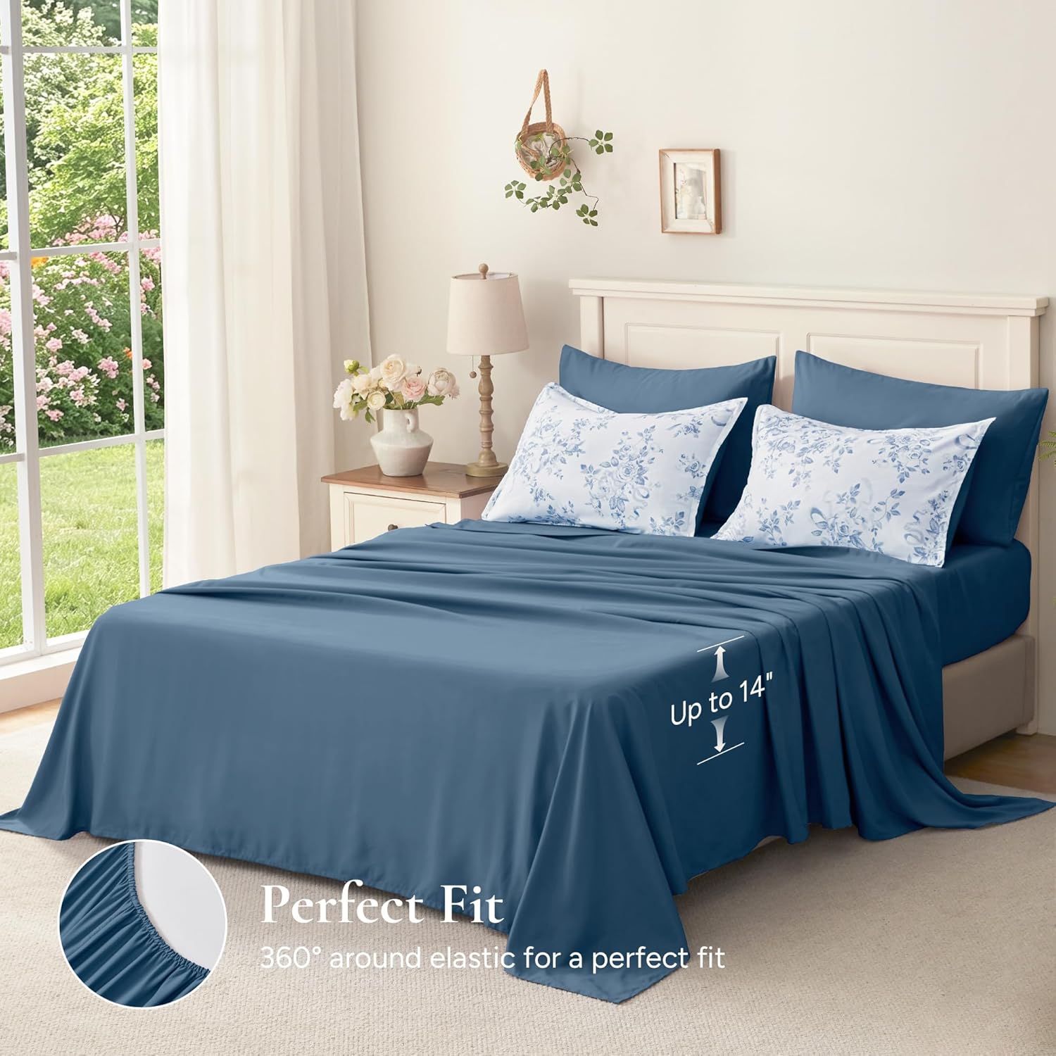Andency Floral Comforter Set Queen Size, 7 Pieces Blue Flower Lightweight Bedding Set for All Seasons, Soft Vintage Bed in a Bag with Comforter, Sheets, Pillowcases & Shams