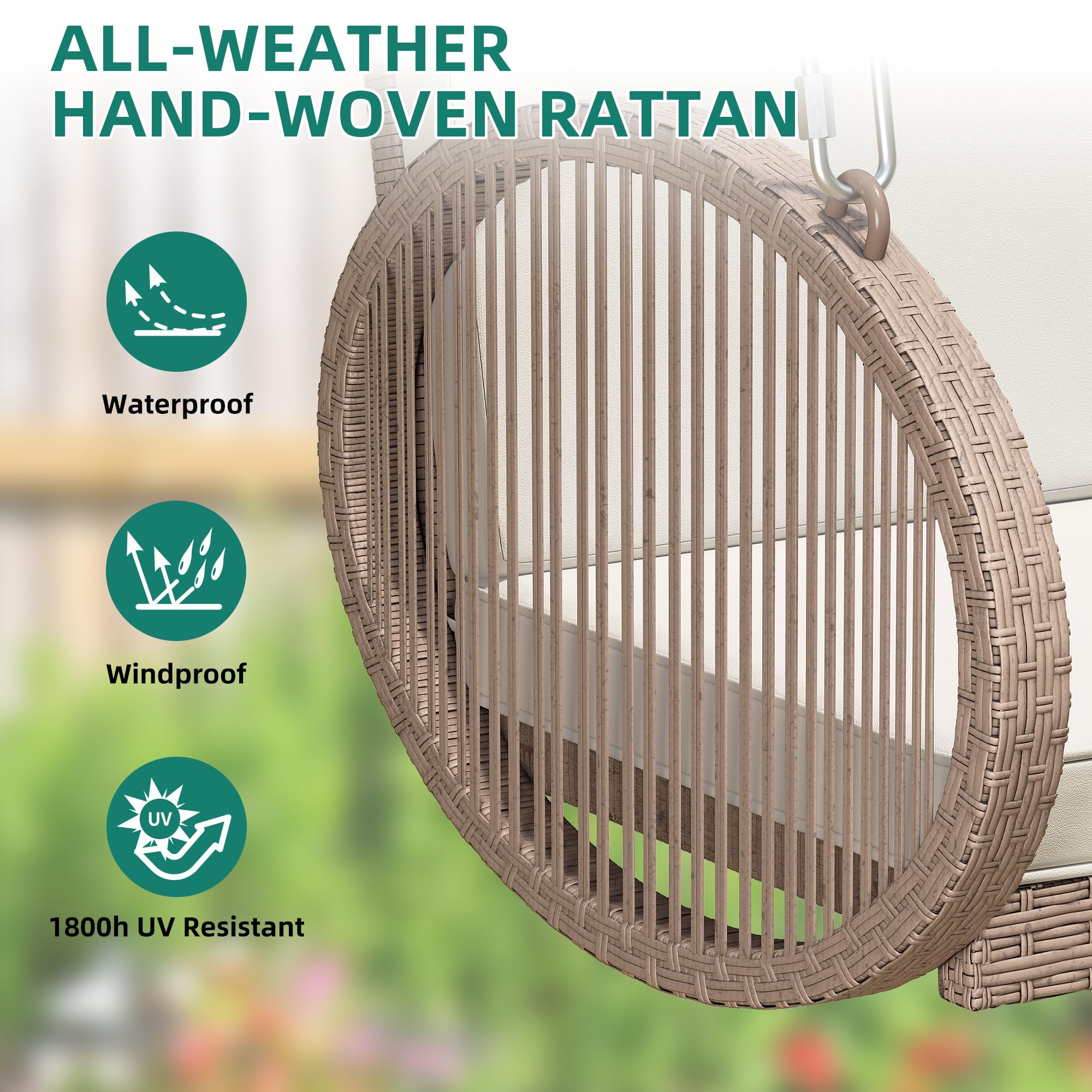 YITAHOME Hanging Porch Swing Chair Sits 2 People, Patio Swing Lounge Chair, 1 Seating & 2 Back Cushions with Removable Covers, Weight Capacity 530lbs, for Garden, Balcony, Living Room, Backyard, Beige