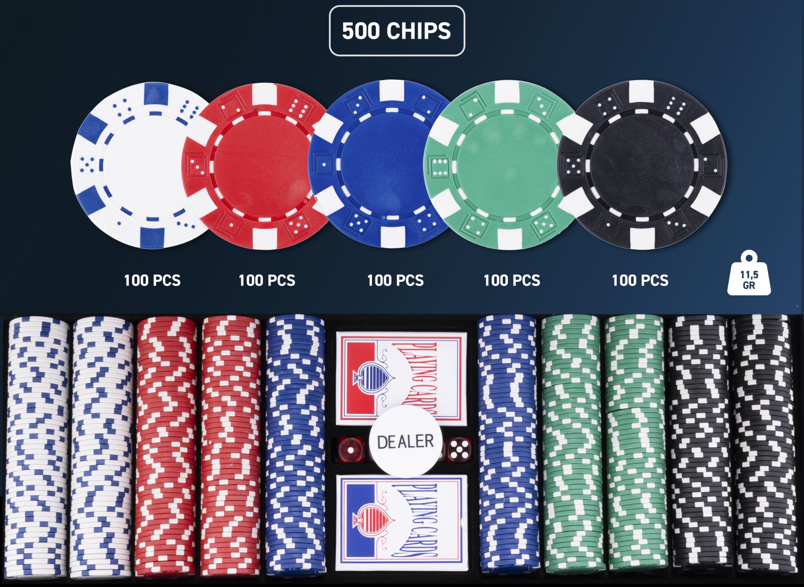 Engelhart - 320915 – Poker-Set – Koffer aus versilbertem Metall – 500 Chips 11,5 g ohne Nummer + 2 Kartenspiele, 1 Croupier-Knopf, 5 Würfel - 2