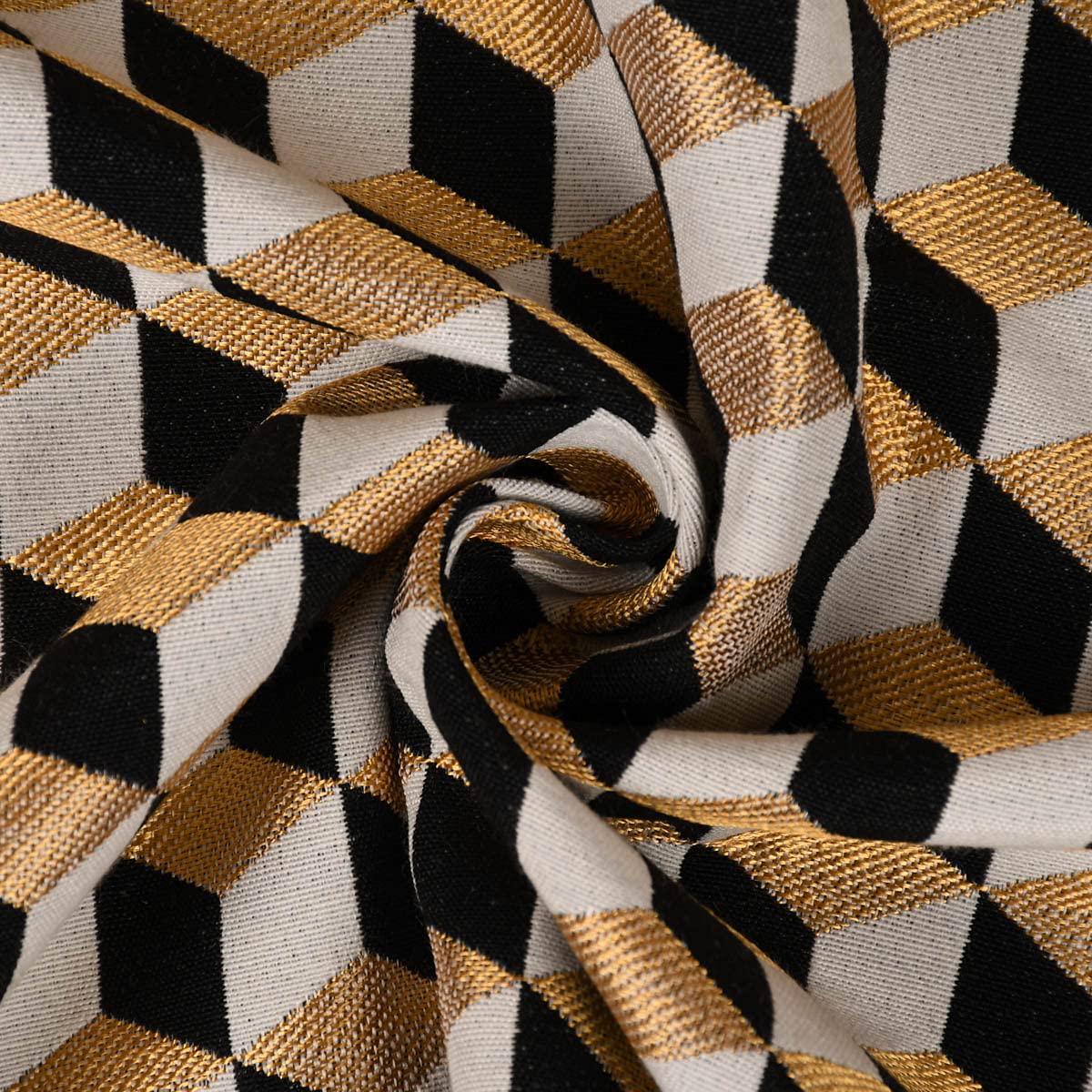 SCHÖNER LEBEN. Tela decorativa Jacquard Metálica Cube Geometric Luxury 3D Cubo Negro Oro Crudo 1,4m Ancho