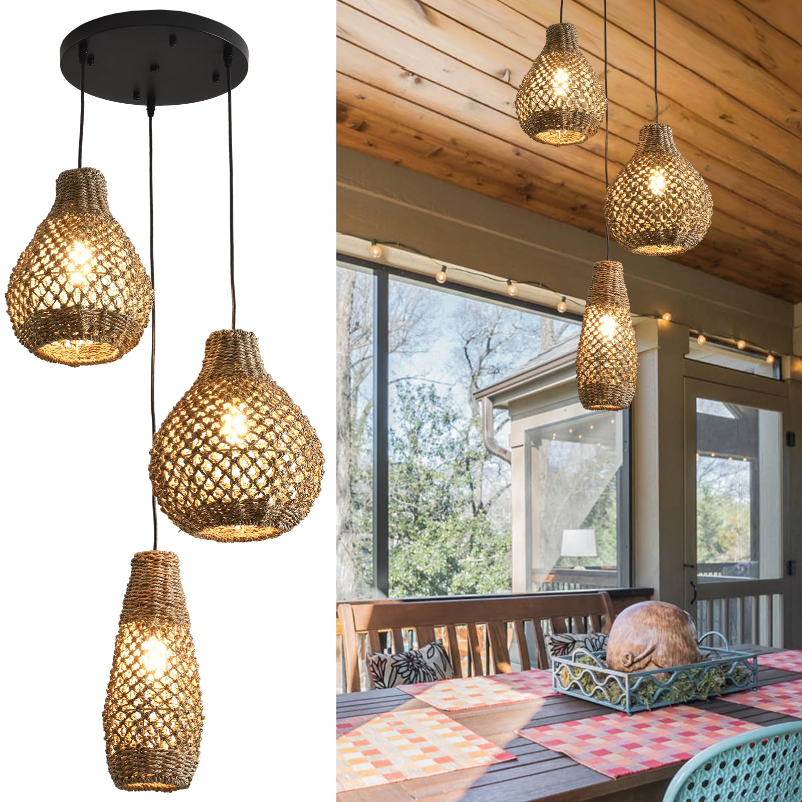 LHJIHFU 3-Lights Rattan Pendant Light Fixture,Boho Hand Woven Wicker Seagrass Farmhouse Ceiling Hanging Lighting,for Kitchen Island Dining Room,