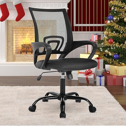 Silla de oficina en casa, silla de computadora, silla de malla, respaldo medio, silla de escritorio ergonómica con reposabrazos de soporte lumbar,