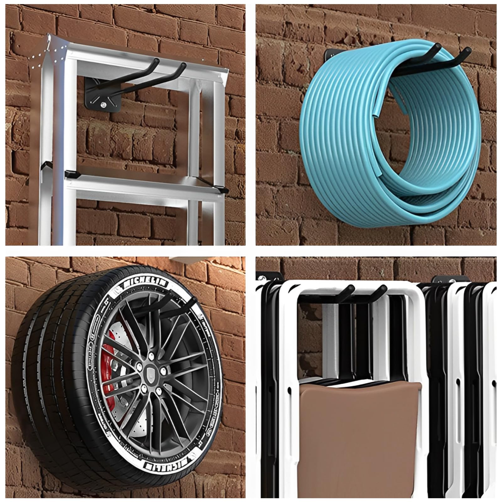 AKOLAFE 4 Piezas Ganchos Garaje Negros, Gancho Pared de Acero Carbono 31,5 cm, Ganchos Resistentes con Tornillos para Herramientas Bicicleta Escalera Jardin