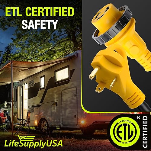 Miniatura 33 de Cable de extensión RV de 50 pies de 50 amperios (14-50P/SS2-50R) con 4 clavijas macho y mango de agarre, hembra con conector de bloqueo giratorio