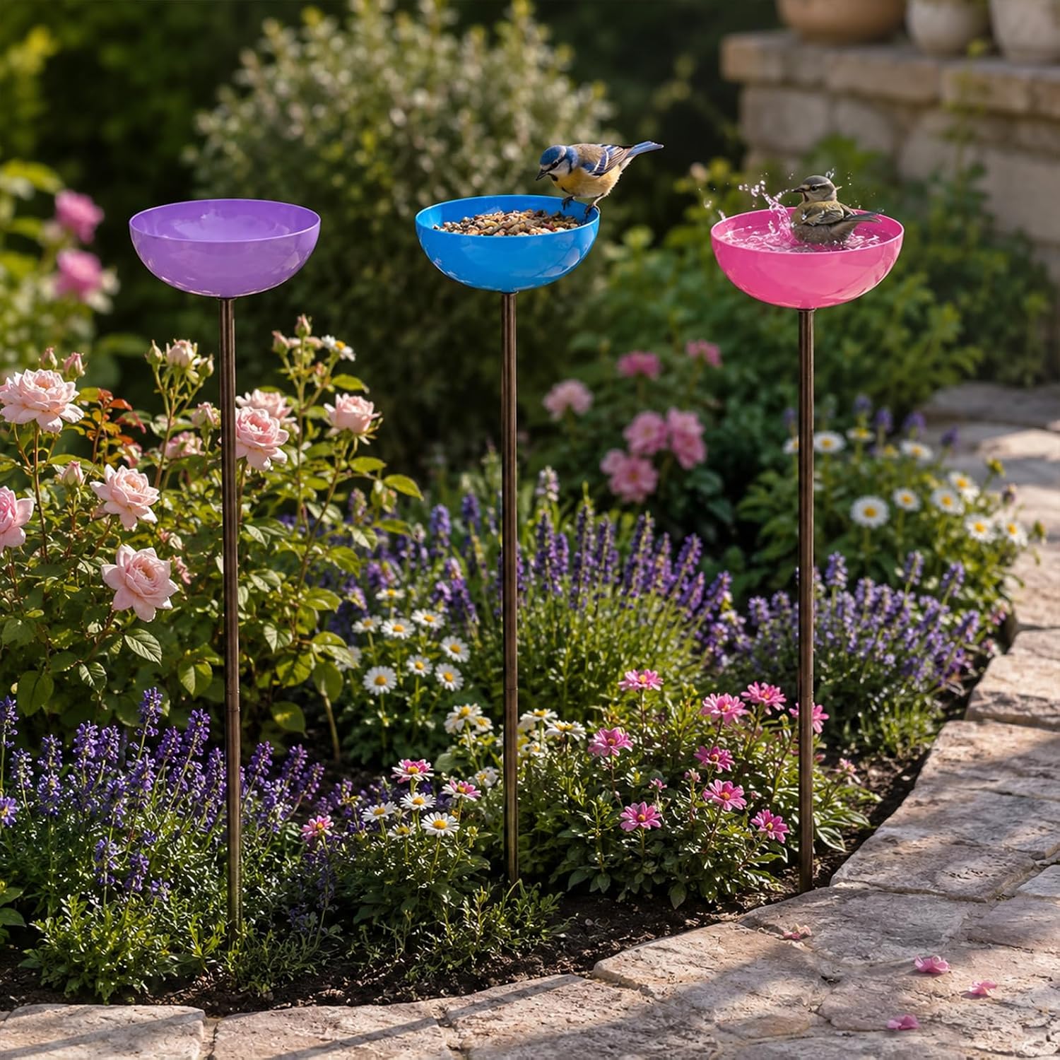 Colorful Metal Bird Bath Garden Stakes 3 Pack - Multi-Height Rustproof Outdoor Bird Feeder Water Station for Hummingbird Butterfly Bee, Decorative Yard Lawn Rain Catcher Ornament (Blue/Green/Red)