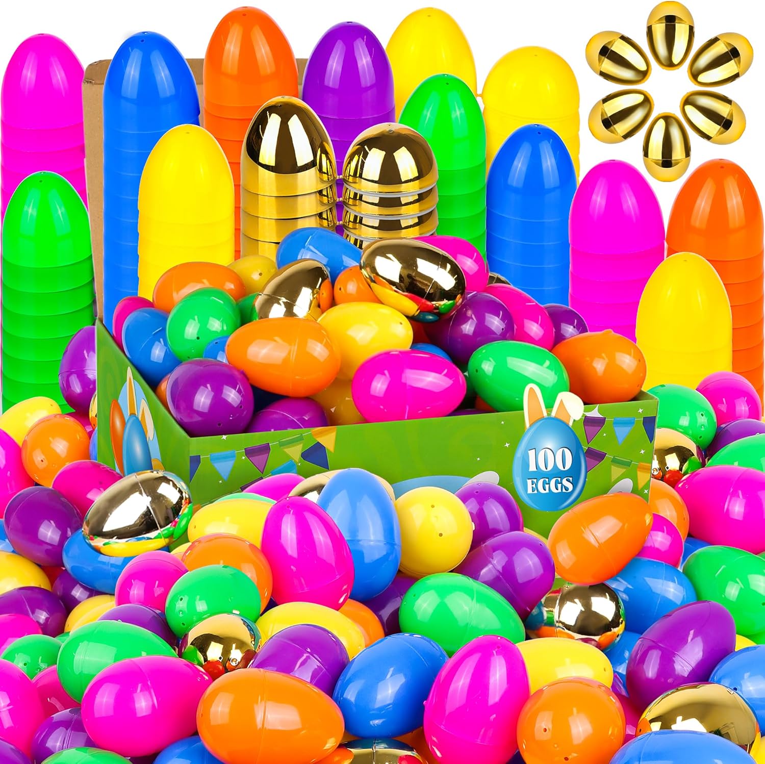 500 Pack 2.4" Fillable Easter Eggs with 6 Golden Eggs, Colorful Plastic Empty Eggs for Easter Egg Hunt, Party Favors, Basket Stuffers, Classroom Prizes for Kids Boys Girls