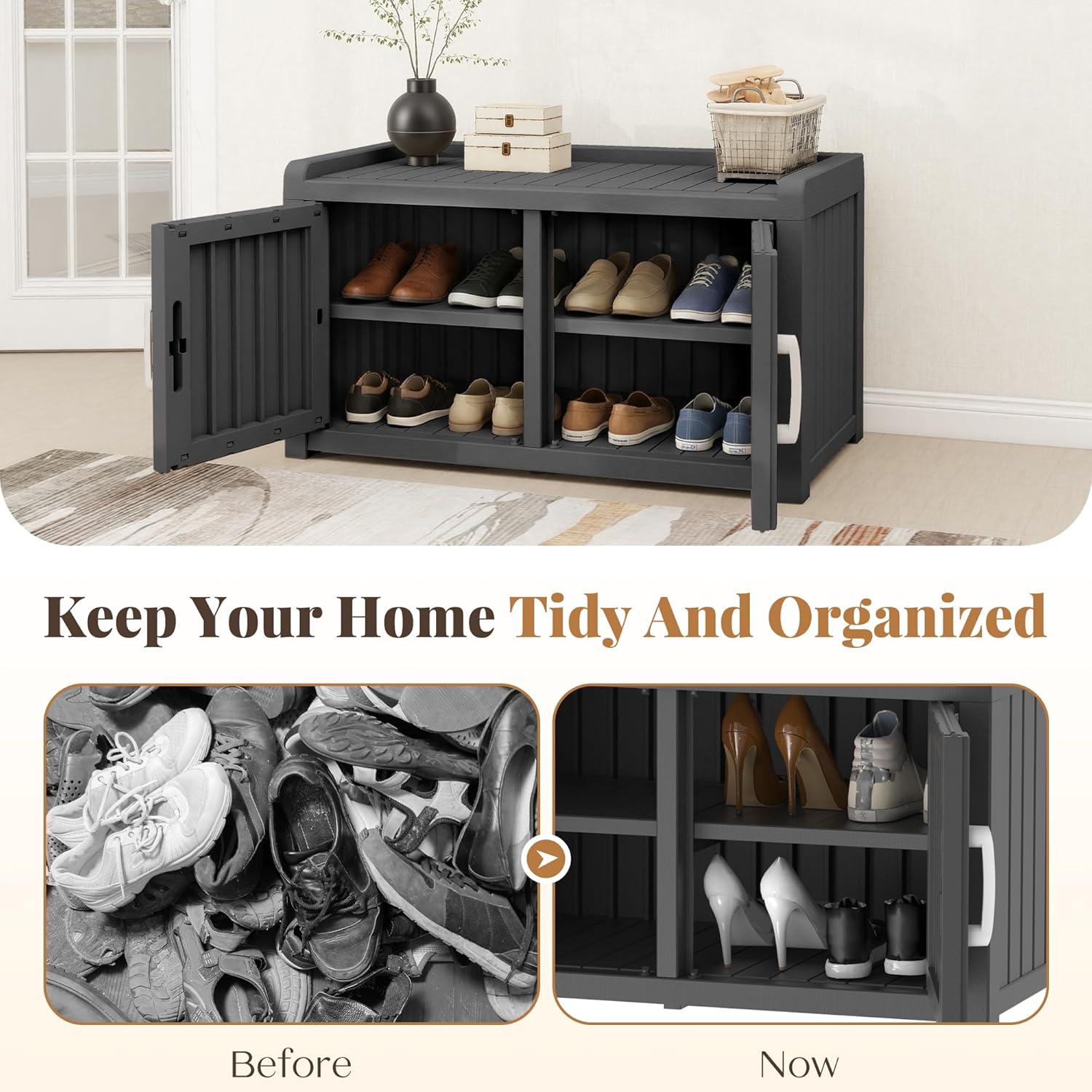 Shoe Cabinet Storage Bench Indoor Outdoor, Waterproof UV-Resistant Resin Entryway Furniture with Adjustable Shelves for Hallway, Living Room and Bedroom (Double Door,Black)