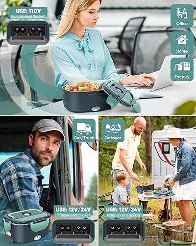 Miniatura 2 de Eocolz Fiambrera eléctrica de 80 W, calentador de alimentos con doble contenedor, 1.5 L, portátil, para automóvil, camión, trabajo, tenedor y