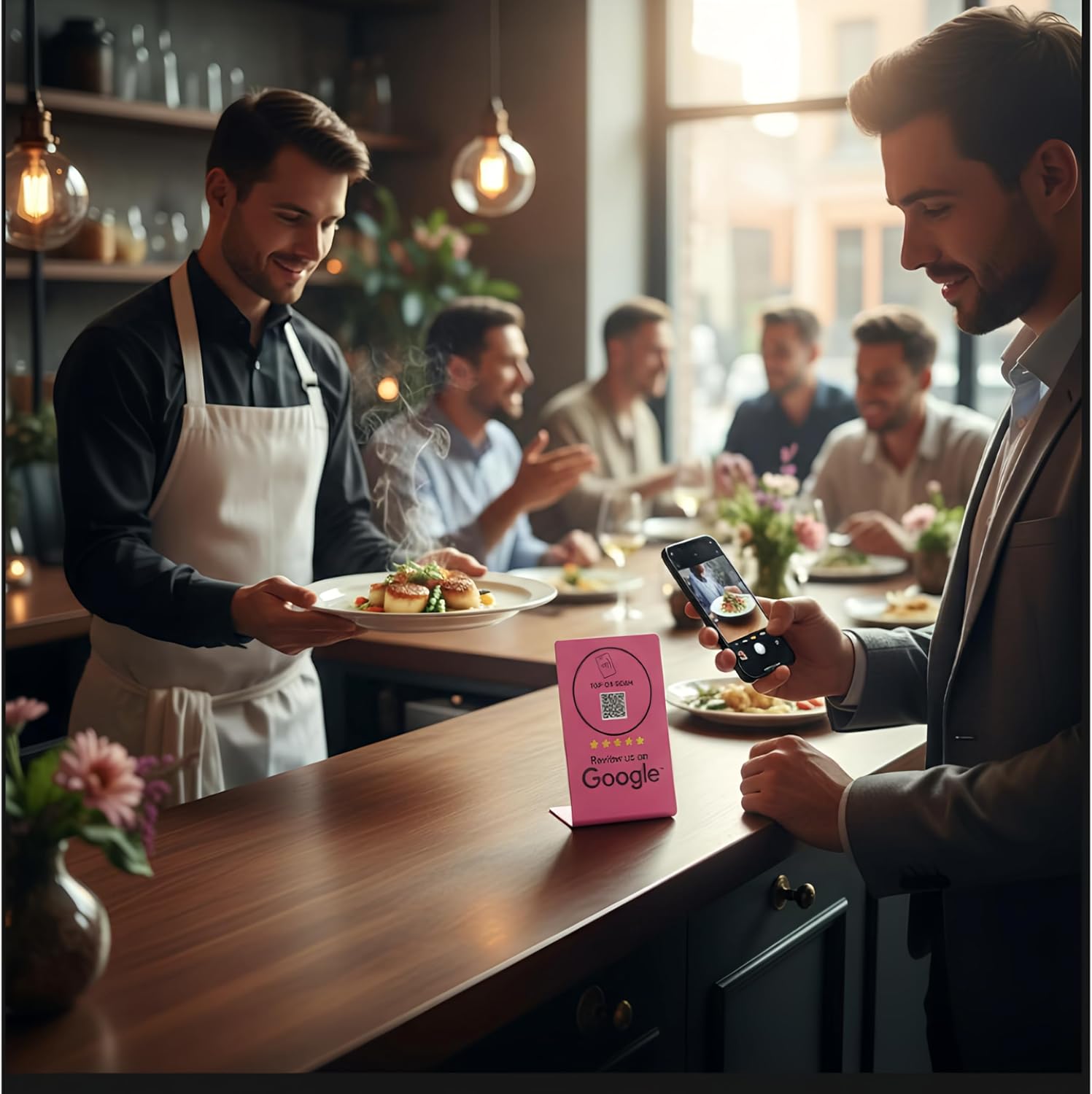 TAPro Google Review Stand - Smart NFC & QR Code Review Pink Sign for Small Businesses - Contactless Business Feedback Display - Professional Tabletop Plaque Compatible with iPhone and Android Devices