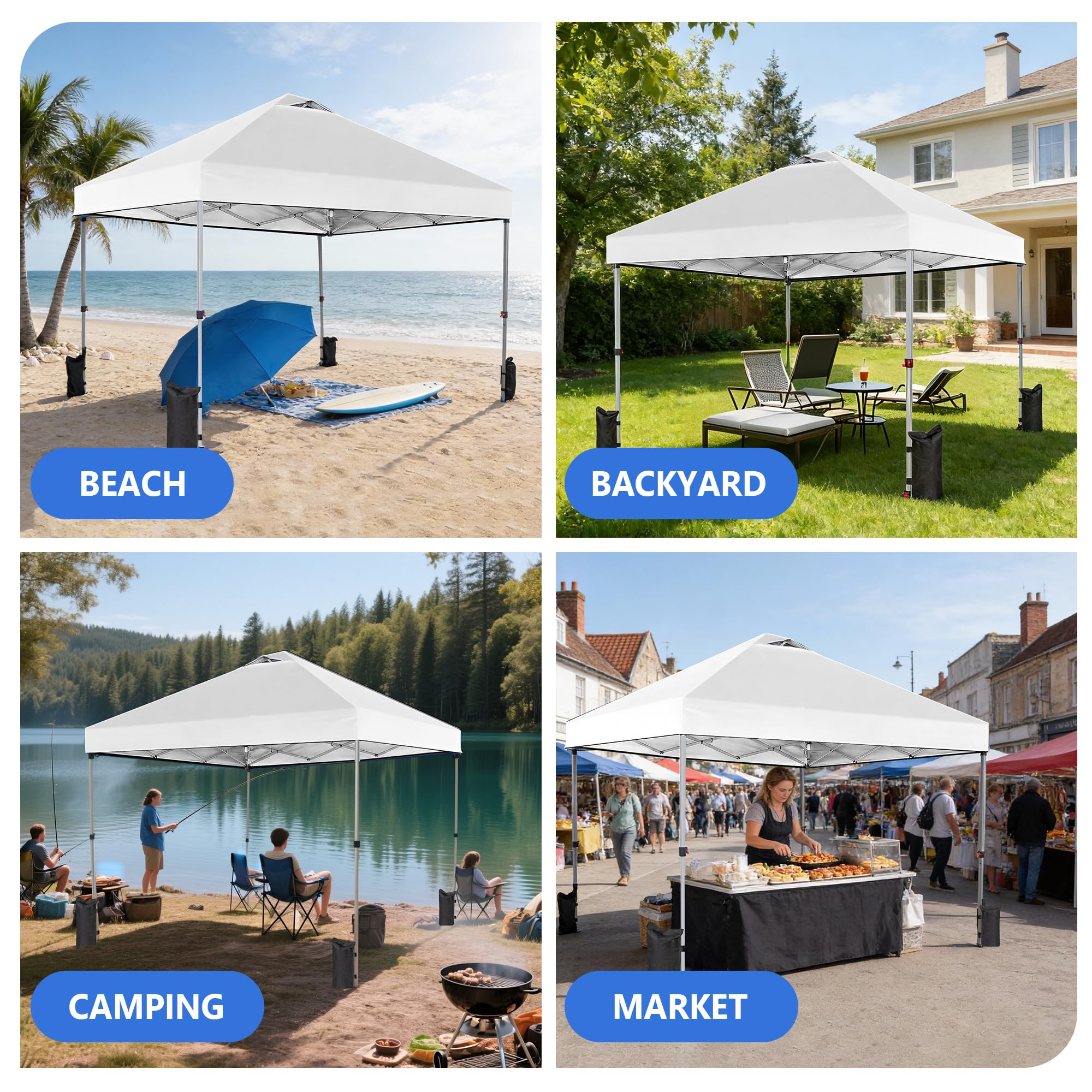 10x10 FT Pop Up Canopy, Easy Up Canopy Tent for Outdoor Patio, Backyard Parties Camping & Beach, Heavy Duty Instant Canopies with 1-Button Setup, 3 Adjustable Heights, UPF 50+ & Wheeled Bag — view 9
