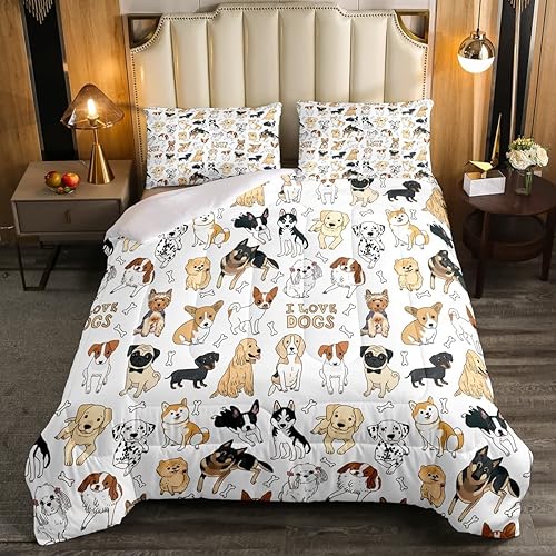 Juego de edredón de perro con texto en inglés "I Love Dogs", juego de ropa de cama con estampado de pug corgi shiba y cachorro para niños y niñas,