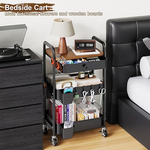 Miniatura 8 de 3 Tier Metal Rolling Cart with Wooden Table Top and Drawers, Black Utility Storage Cart on Wheels, Three Tiered Art Carts Organizer for Craft, Baby