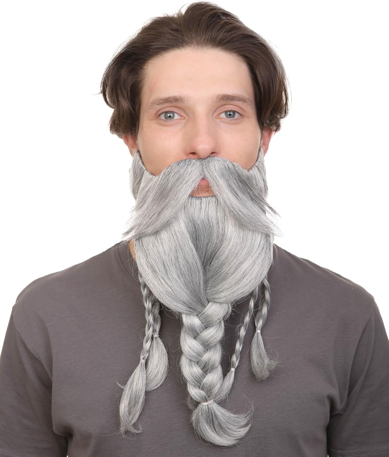 HPO Adult Men's Braided Vikings Beard and Giant Mustache | Ash Grey Color | Novelty False Facial Hair | Costume Accessory for Adults