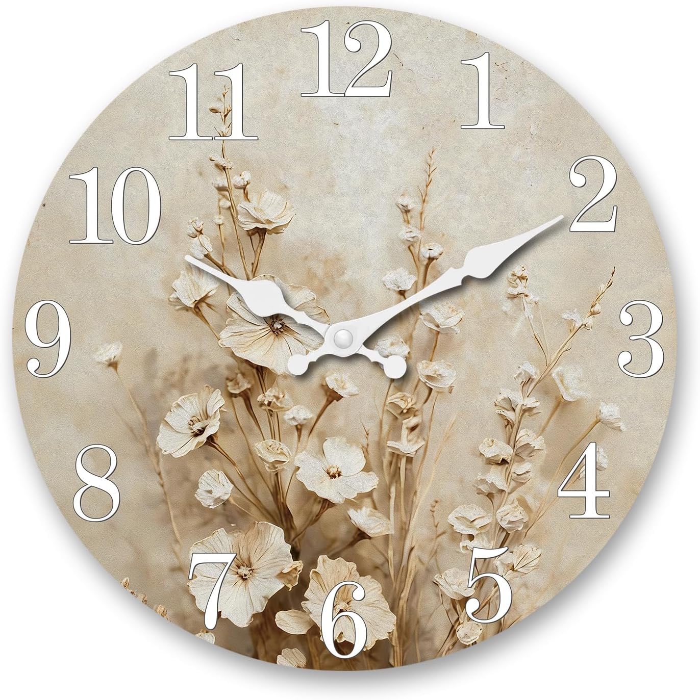 XNM Farmhouse Wooden Wall Clocks Battery Operated 14 Inch Rustic Flower Decorative Wall Clocks for Bedroom Living Room Kitchen Round Beige Floral Wall Clock Silent Non-Ticking