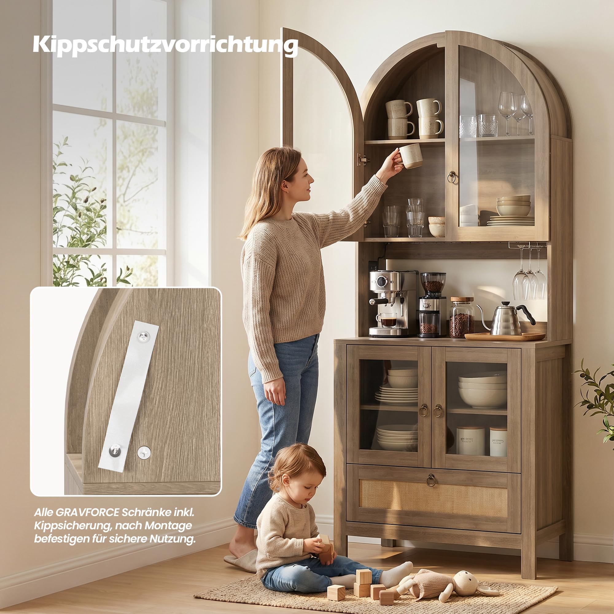 GRAVFORCE Küchenschrank mit Arbeitsplatte und Steckdose – 190cm Buffetschrank mit LED Sideboard Küche Glastür verstellbaren Böden Vorratsschrank Kippsicherung für Küche Esszimmer Holzfarbe