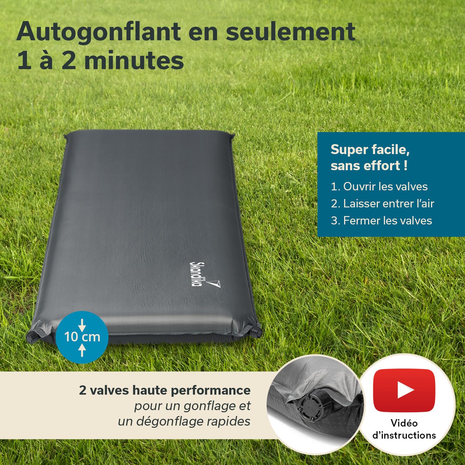 Skandika Easy Single/Double 3D Premium - Matelas autogonflant pneumatique Camping Lit d'appoint- 10 cm d'épaisseur