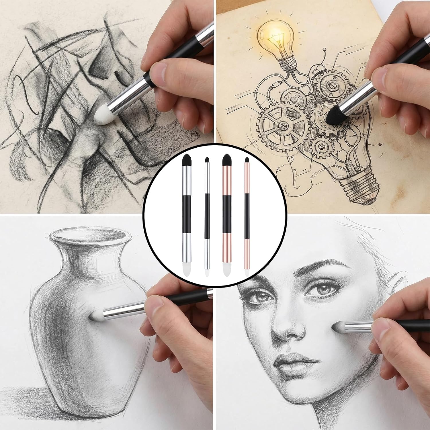 4 Pcs Oil Pastel Blending Tools Artist Blending Sponge Pen Dual Tip Reusable Sketch Rubbing Sponge Brush Washable Sketch Drawing Art Brush for Artists Lightening Highlight Shadow Drawing Blend