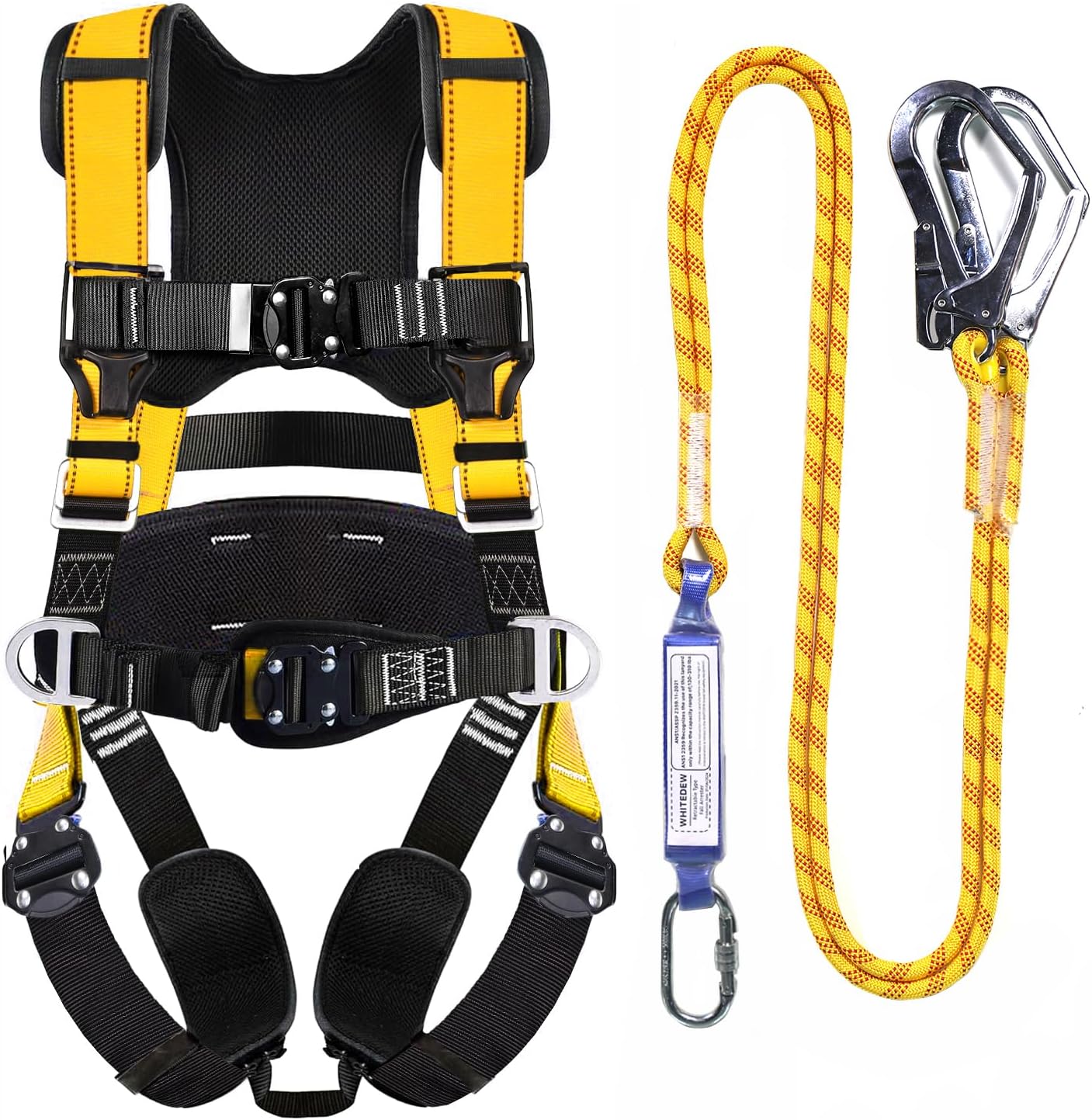 Fall Protection Premium Safety Harness with Shock Absorbing Lanyard, Vented & Padded Shoulder, Legs & Back - Upgrade 4 Quick Buckles (Yellow)