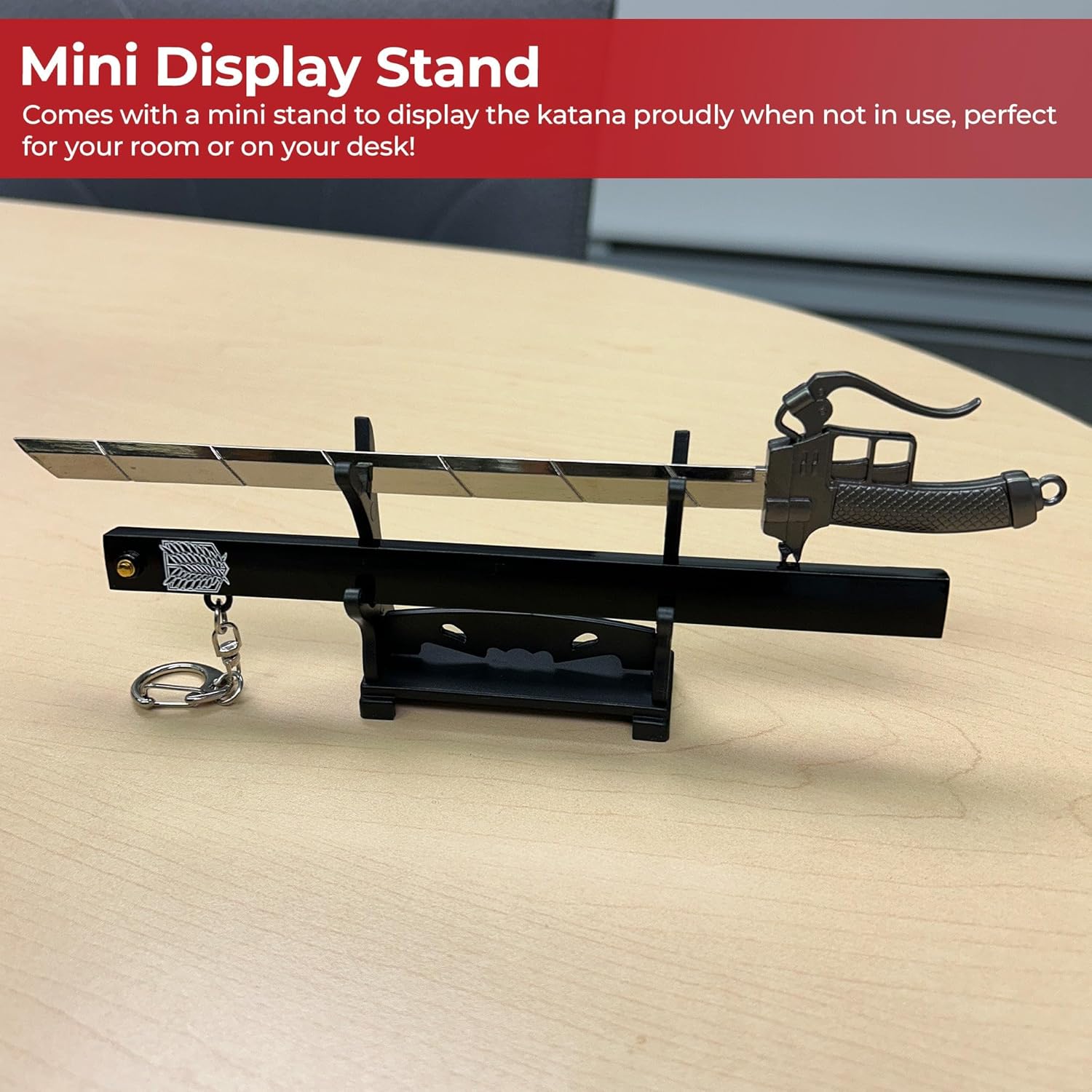 MedievalDepot Spring Action Popup Mini Katana Keychain AOT 3D Maneuver Blade Edition – Overall 9" – Metal Blade with Keyring, Trigger Handle, Scabbard & Display Stand