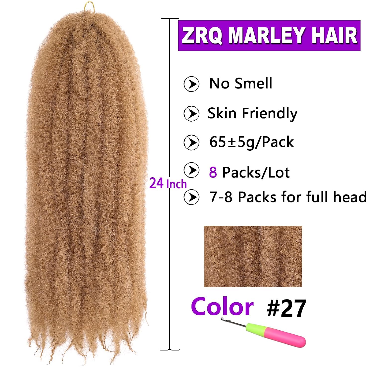 ZRQ 24 Inch Marley Twists Braiding Hair 27 Afro Kinky Marley Hair Crochet Braids, 8 Packs Synthetic Twist Crochet Braiding Hair For Locs(24Inch, 27#)