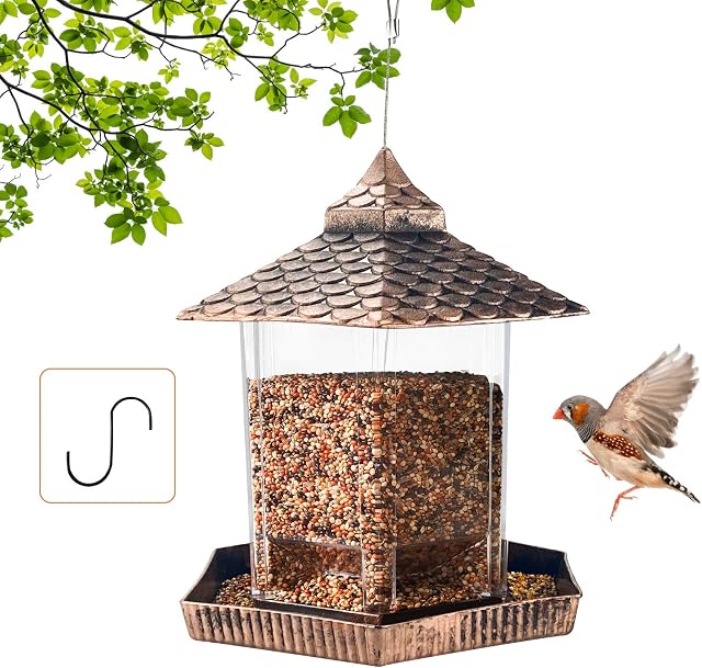 Urban Deco Bird Feeders Hanging Squirrel Proof Bird Feeder Plastic Bird Seed Feeder With Hexagonal Roof See Through Bird Feeder On Window Bird Feeders For Small Birds - Antique Copper Goldfinch Feeder