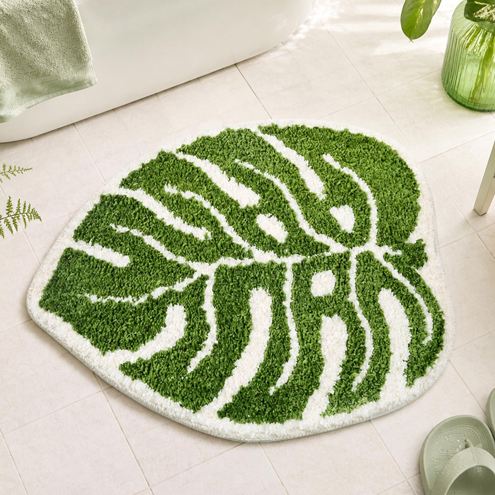 Alfombra de baño de microfibra Monstera 50x65 cm antideslizante con diseño de hoja tropical