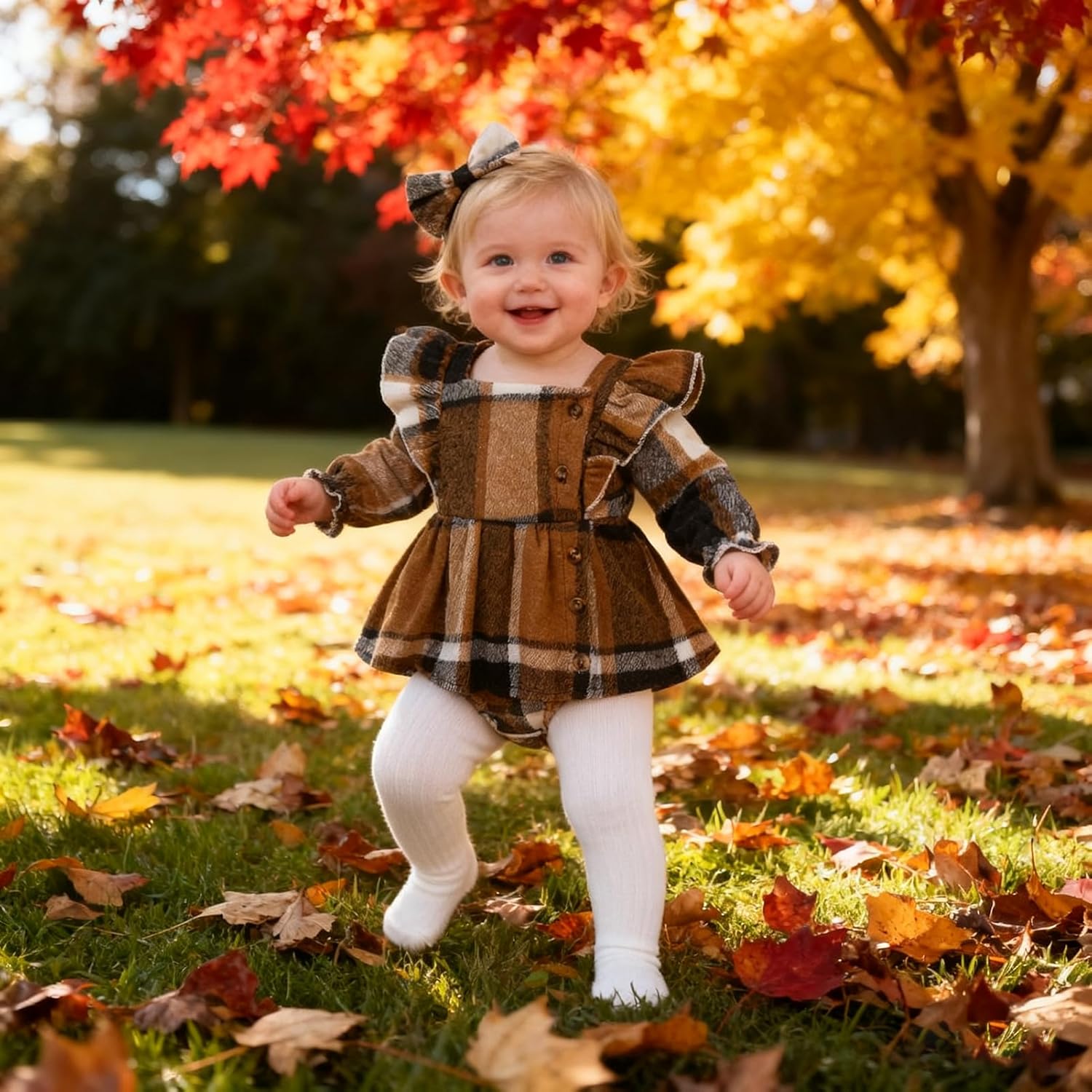 Newborn Baby Girl Fall Winter Clothes Plaid Long Sleeve Romper Buttons Outfit Ruffles Dress with Bow Headband - Image 6