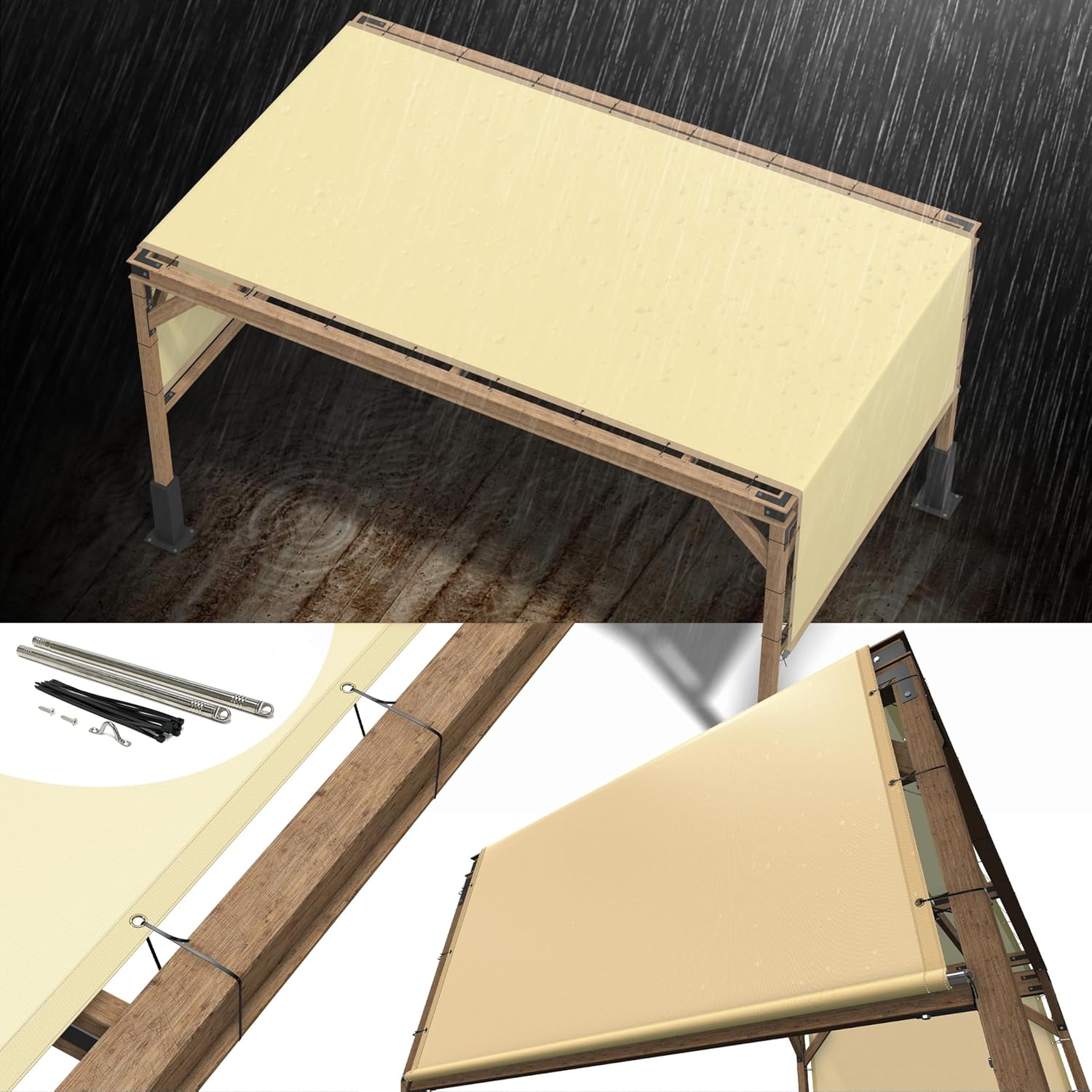 ShadeMart 10' x 20' Waterproof Pergola Beige Sun Shade Canopy Replacement Cover UPF50, Commercial Grade 260 GSM Cloth for Outdoor Patio, Include Stainless Steel Weighted Rods (We Make Custom Size)