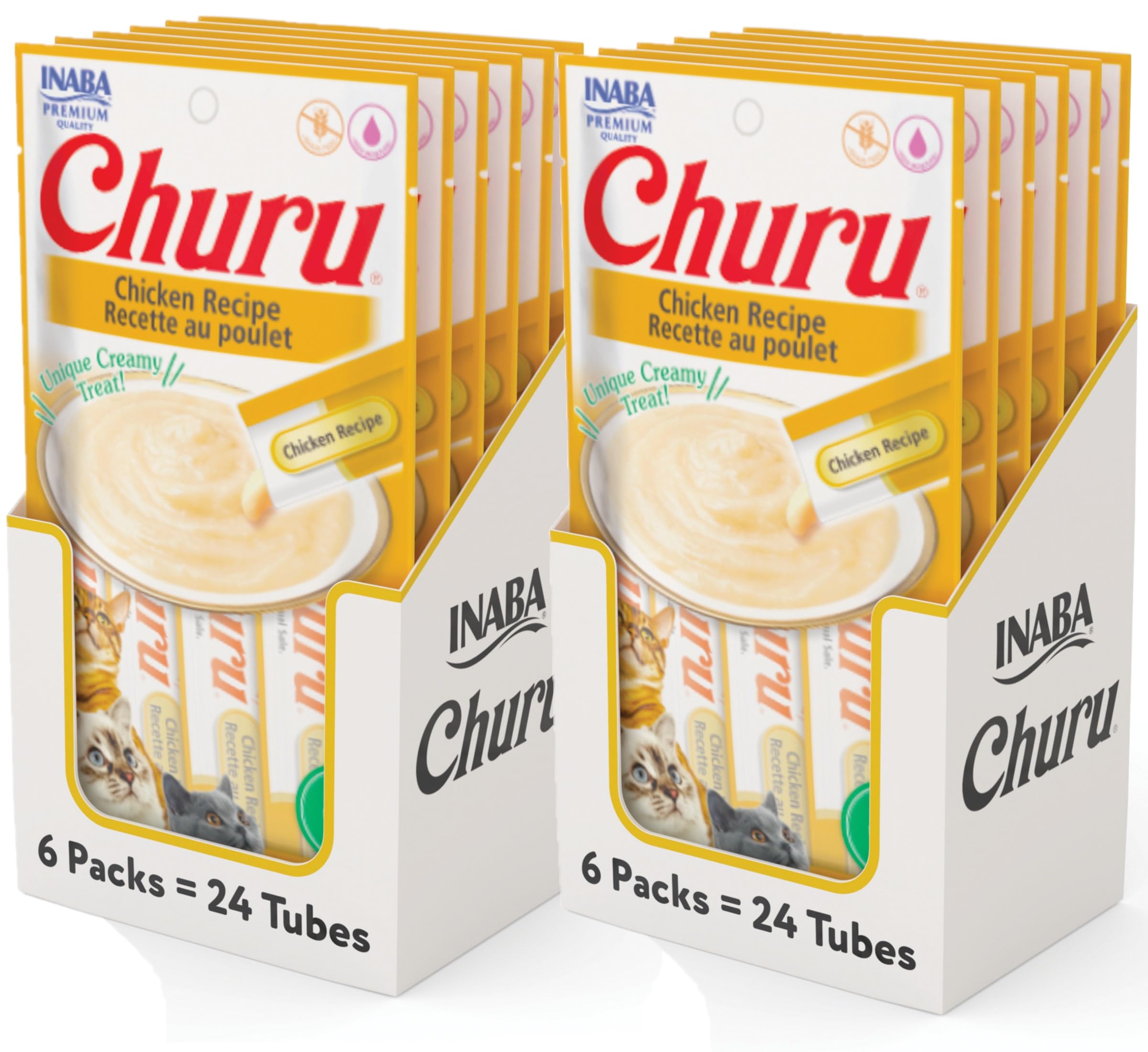 INABA Churu Cat Treats, Grain-Free, Lickable, Squeezable Creamy Purée Cat Treat/Topper with Vitamin E &amp; Taurine, 0.5 Ounces Each Tube, 48 Tubes (4 per Pack), Chicken Recipe