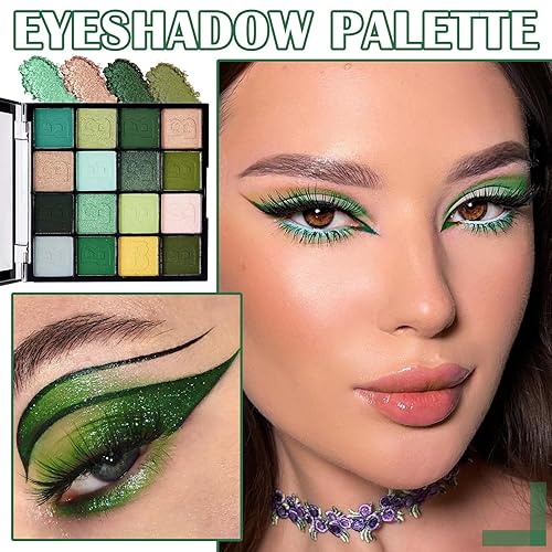 Miniatura 7 de XiaoTu Paleta de sombra de ojos verde, paleta de maquillaje de sombra de ojos mate con purpurina de 16 colores, altamente pigmentada, colorida,