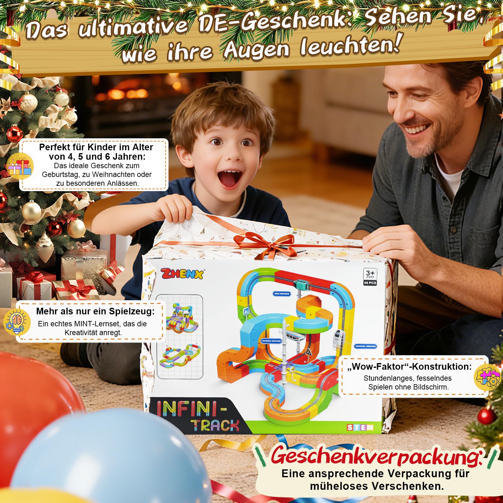 Cubix 3D Zug Set - Cube Track elektrische Kindereisenbahn mit Magic Rail System, STEM Spielzeugzug für Kinder ab 3 Jahren (Anti-Gravitation Design) (Edición Definitiva (88 piezas / 66 pistas))