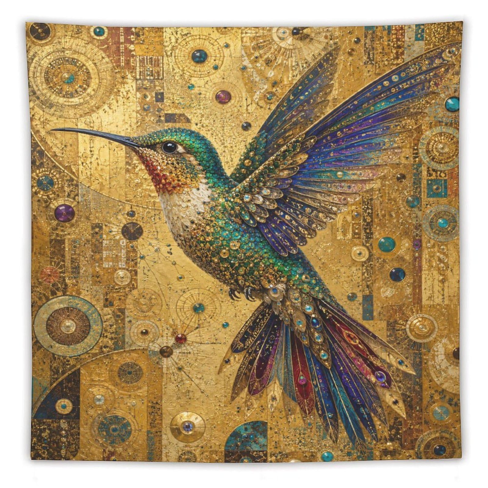 H3B8U2Y5 Golden Hummingbird Collage Wall Tapestry, Floral Wing Detail