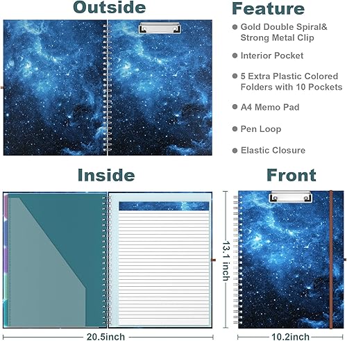 Miniatura 10 de Hongri Folio portapapeles con bloc de notas forrado recargable, portapapeles con 5 carpetas A4 de almacenamiento, 10 bolsillos, portafolio de