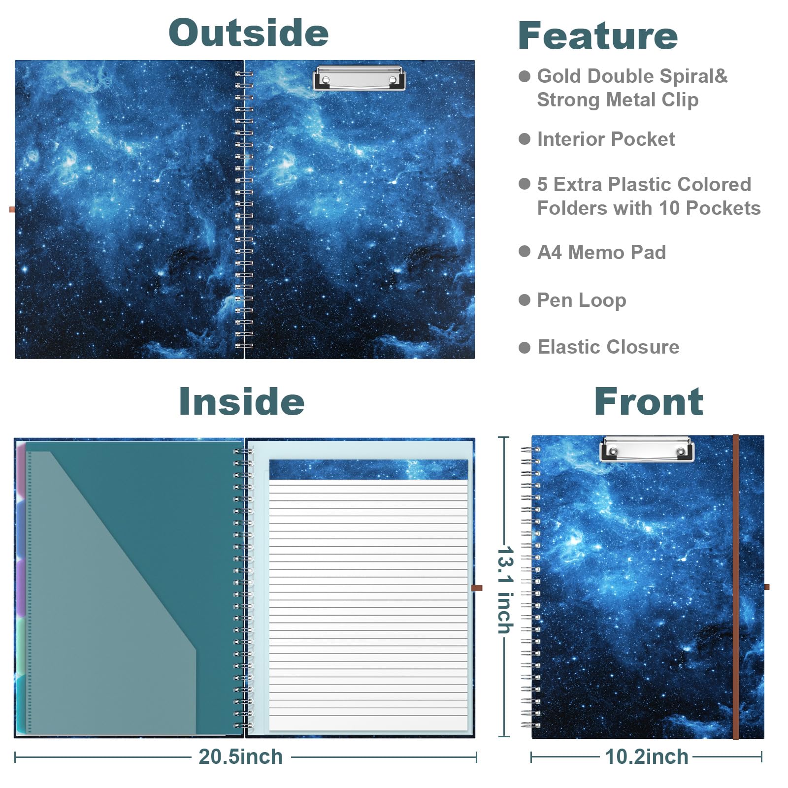 Hnogri Clipboard Folio with Refillable Lined Notepad, Clipboards with 5 A4 Folders Storage 10 Pockets - Image 2