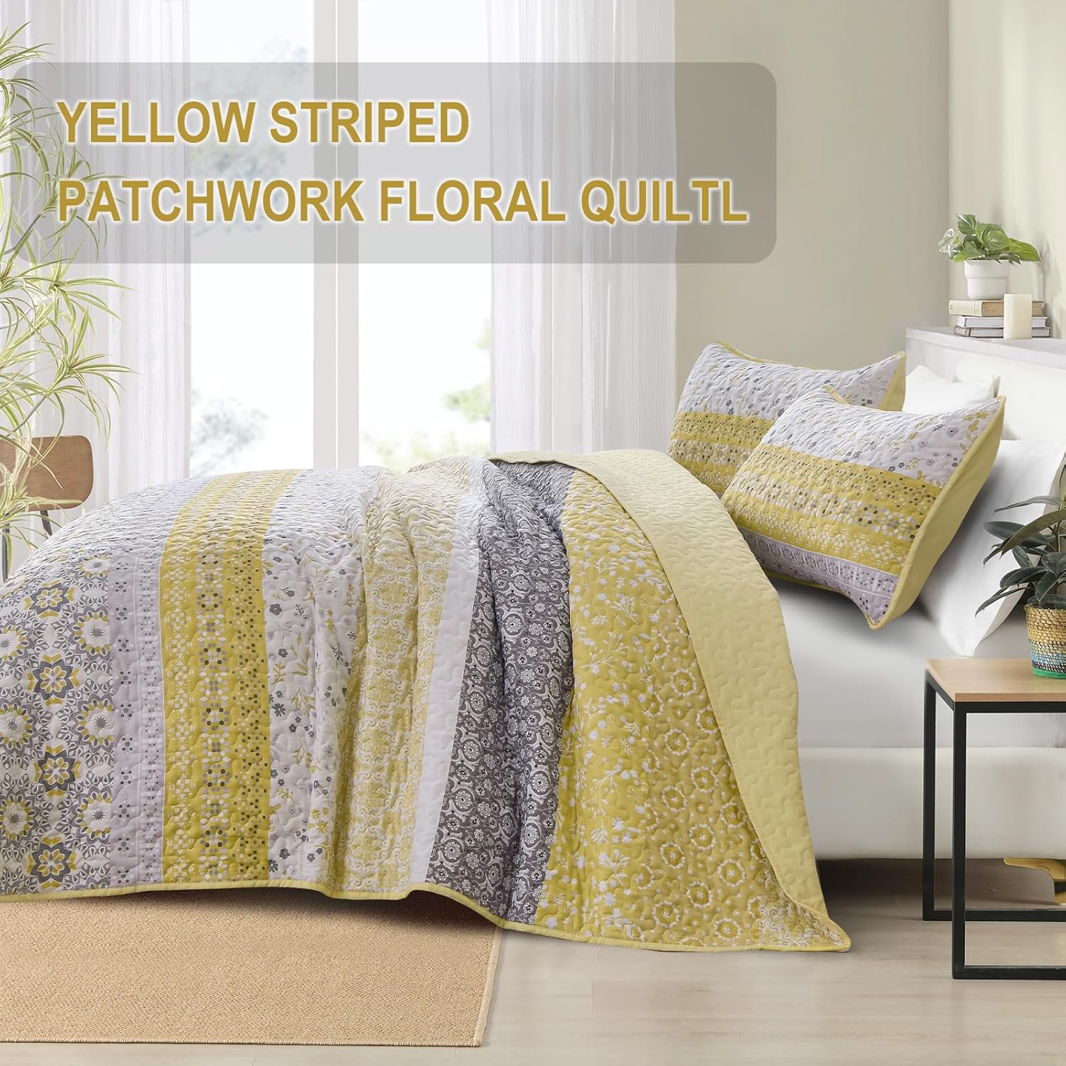 WONGS BEDDING Boho Quilt Set King, Yellow Bohemian Striped Patchwork Bedspread Coverlet Set with 2 Pillowcases,Lightweight Microfiber Floral Bedding Set 104"×90" - Image 3